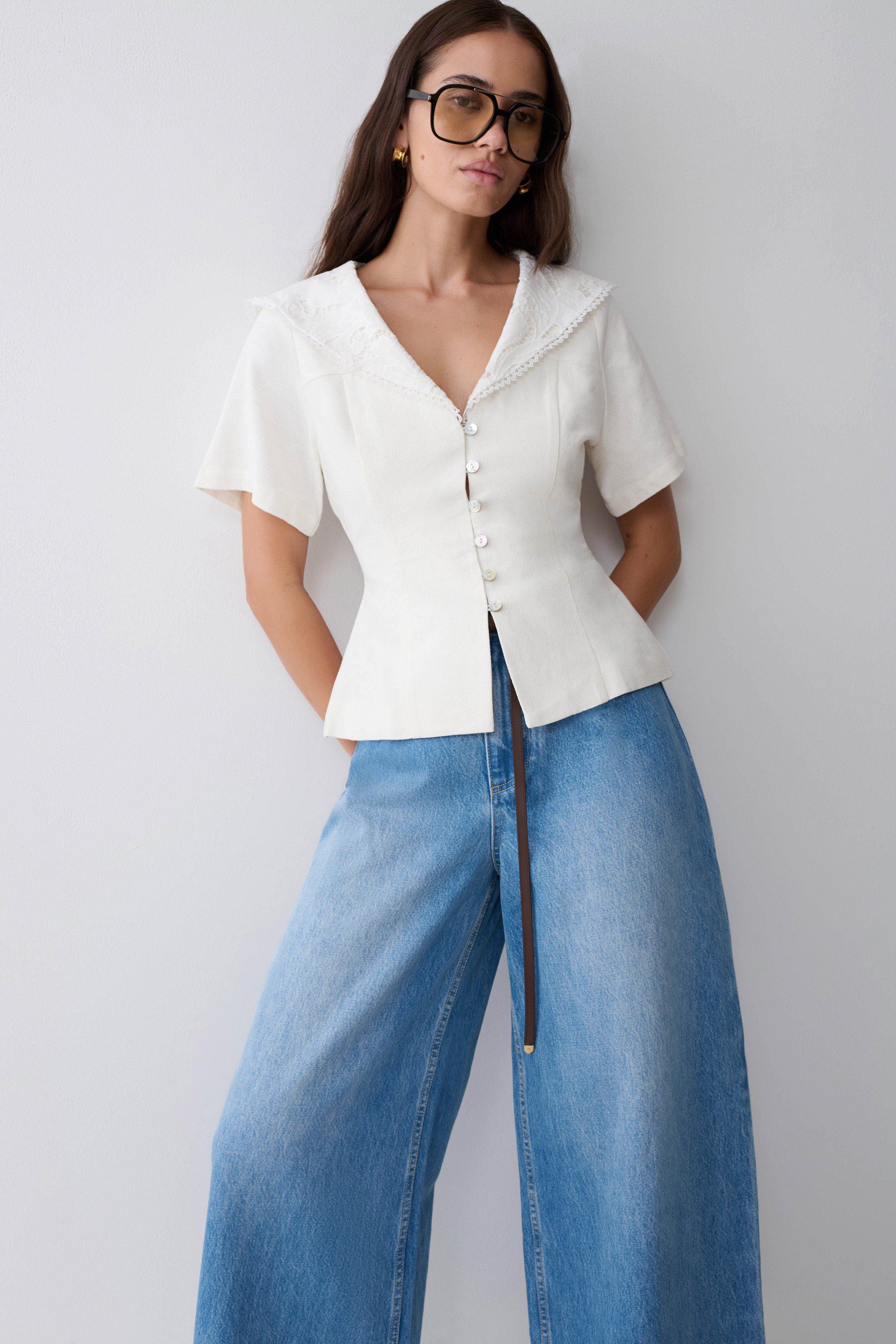 Melody Short Sleeve Shirt With Lace Collar - White #8