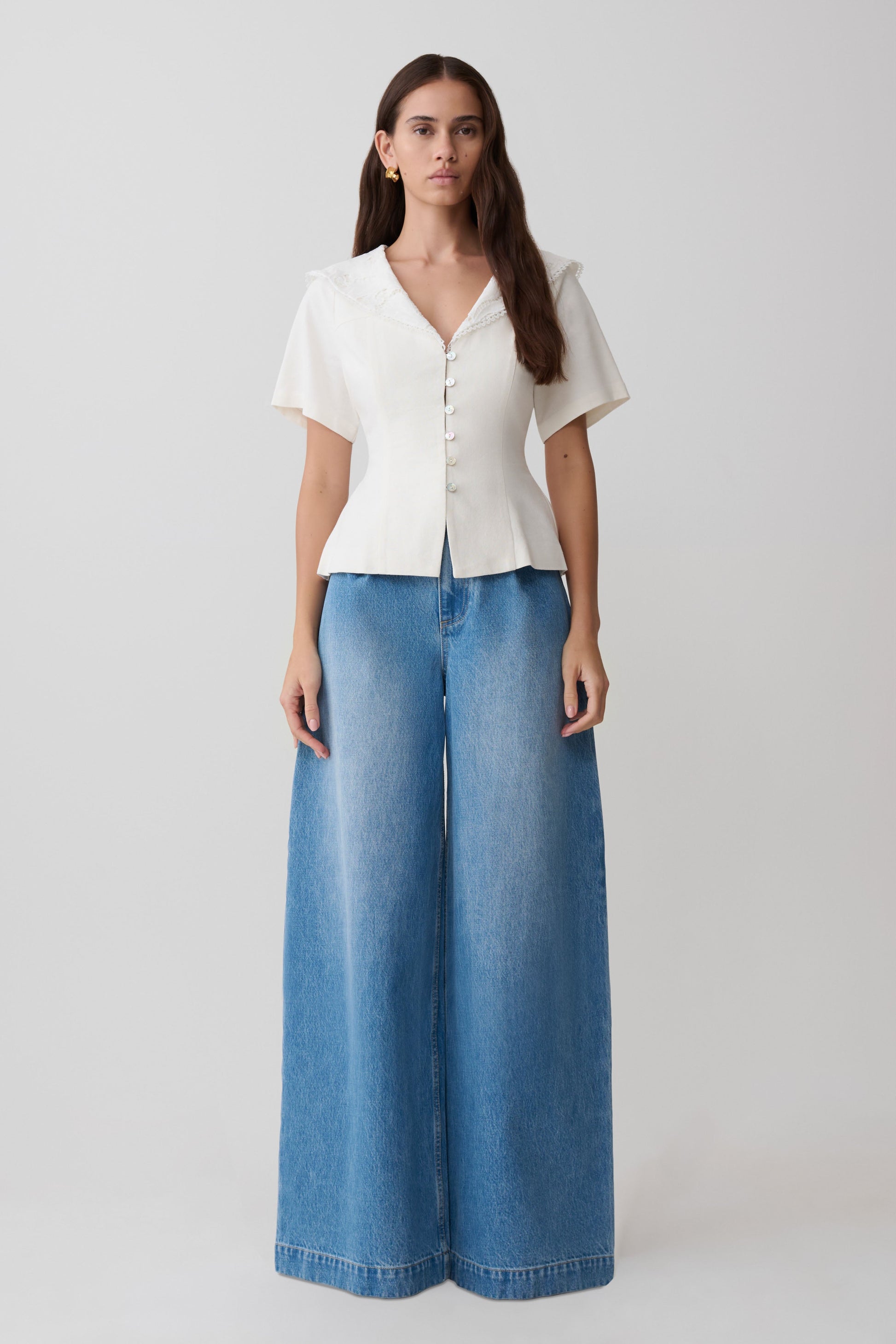 Melody Short Sleeve Shirt With Lace Collar - White #7