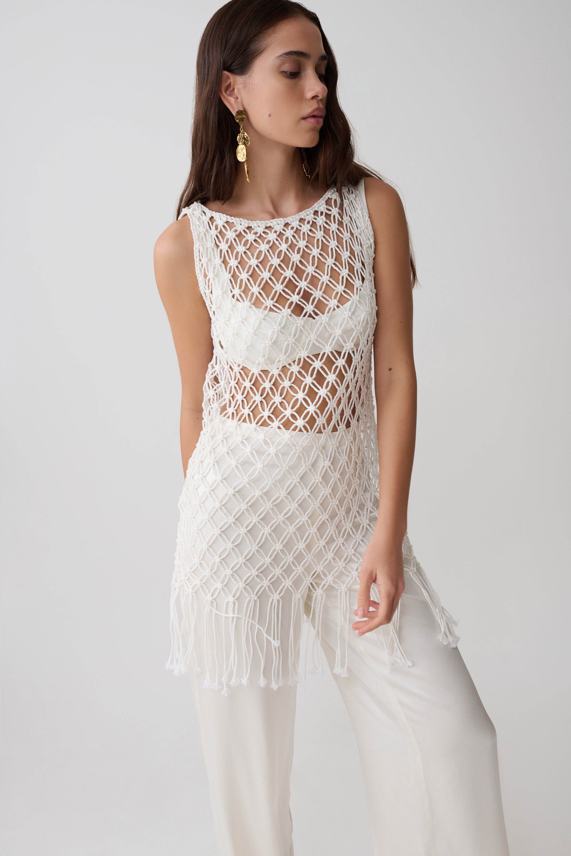 Devlin Macrame Tassel Mini Dress - Ivory | MESHKI US Devlin Macrame Tassel Mini Dress - Ivory | MESHKI US