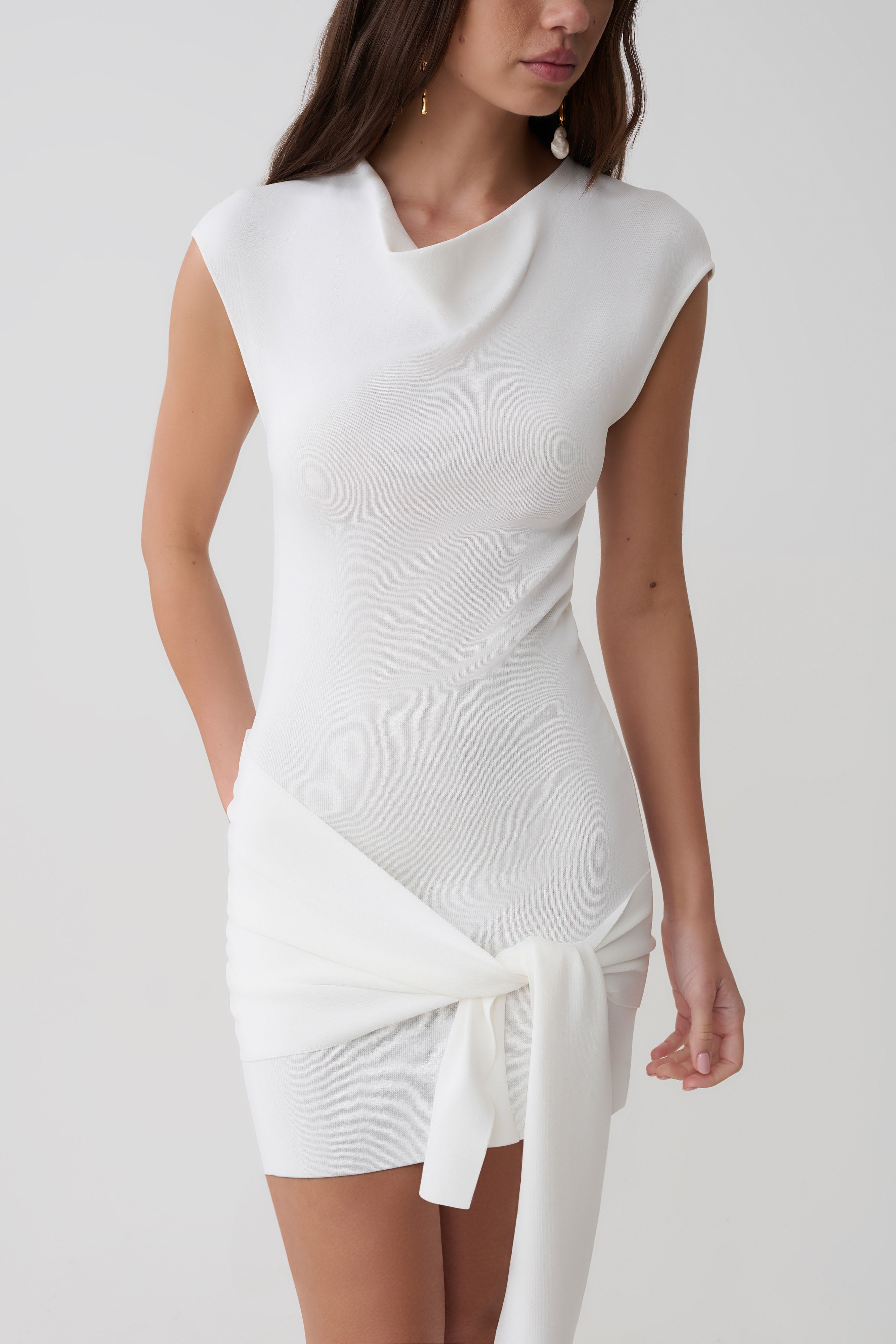 Freida Knit Mini Dress With Sash - Ivory | MESHKI US
