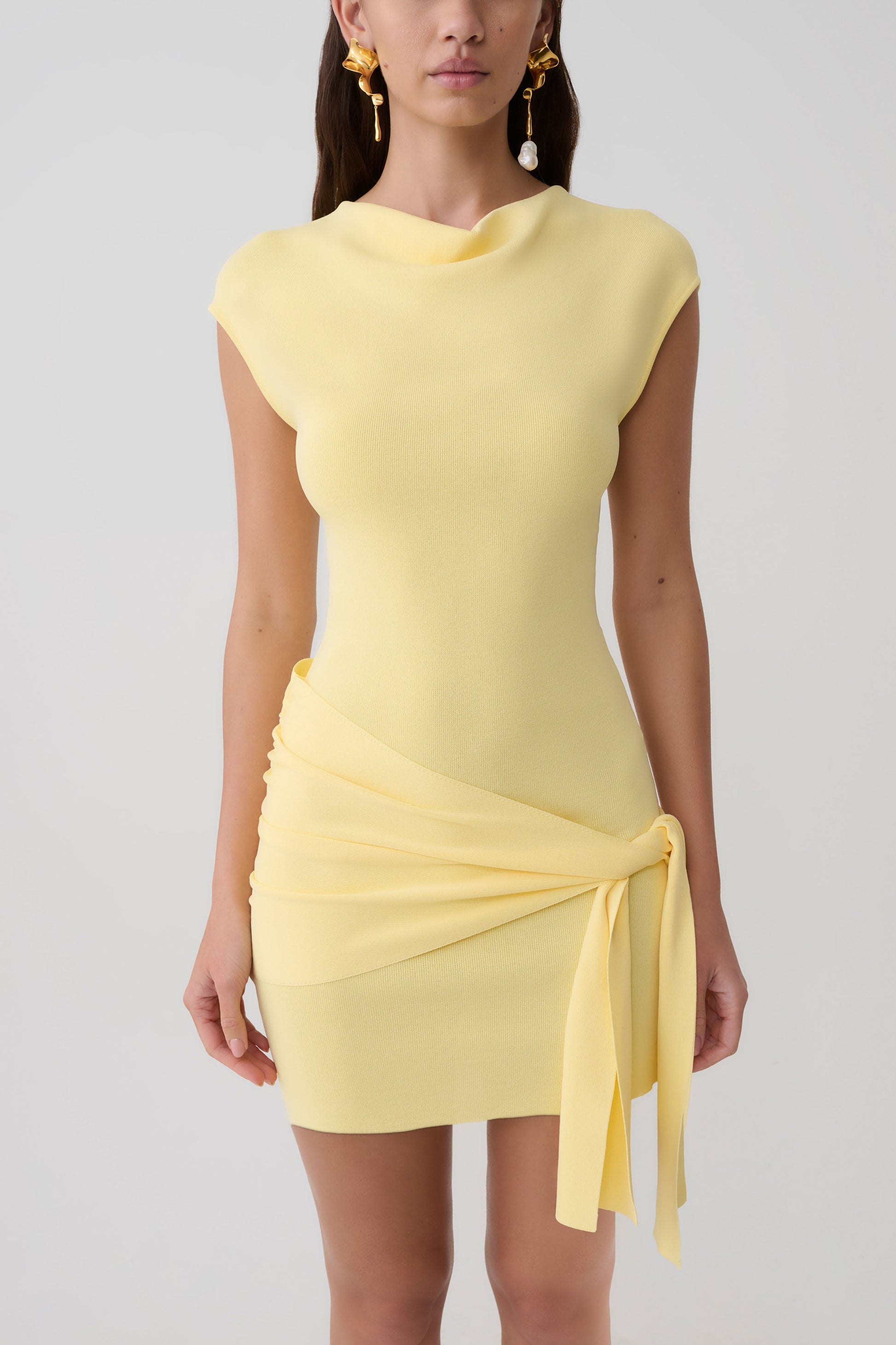 Freida Knit Mini Dress With Sash / Lemon | MESHKI