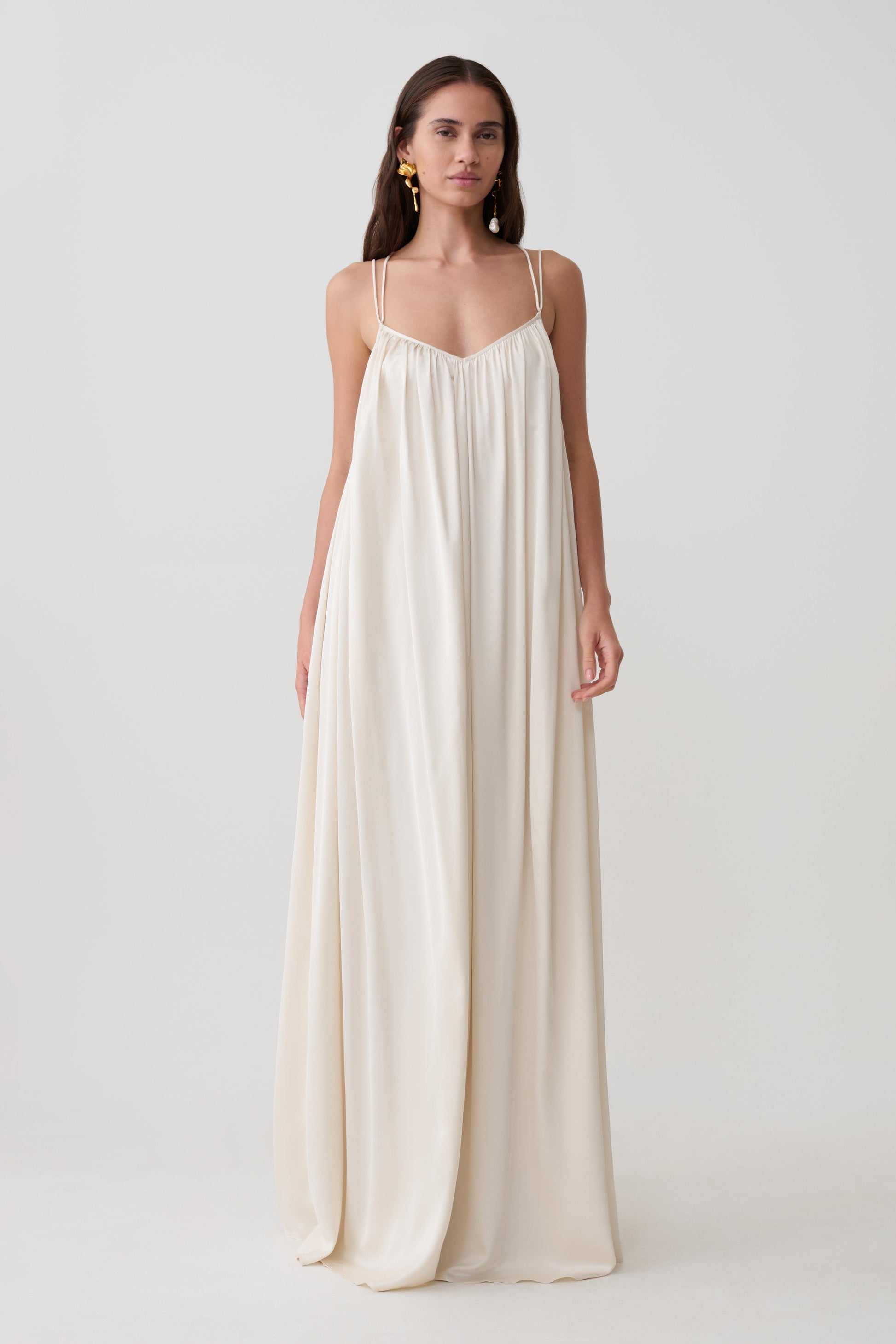 Adriana Satin Gathered Maxi Dress / Buttercream | MESHKI