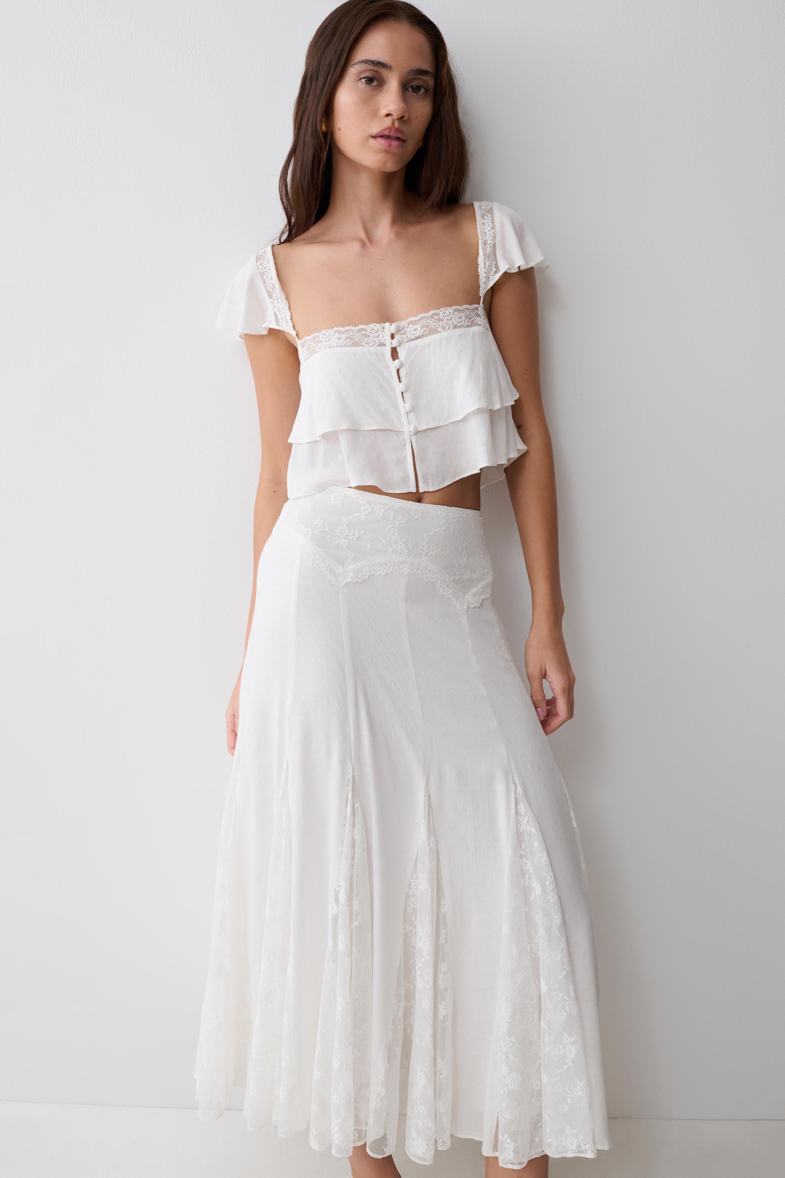 Skylar Lace Panelled Midi Skirt - White | MESHKI US
