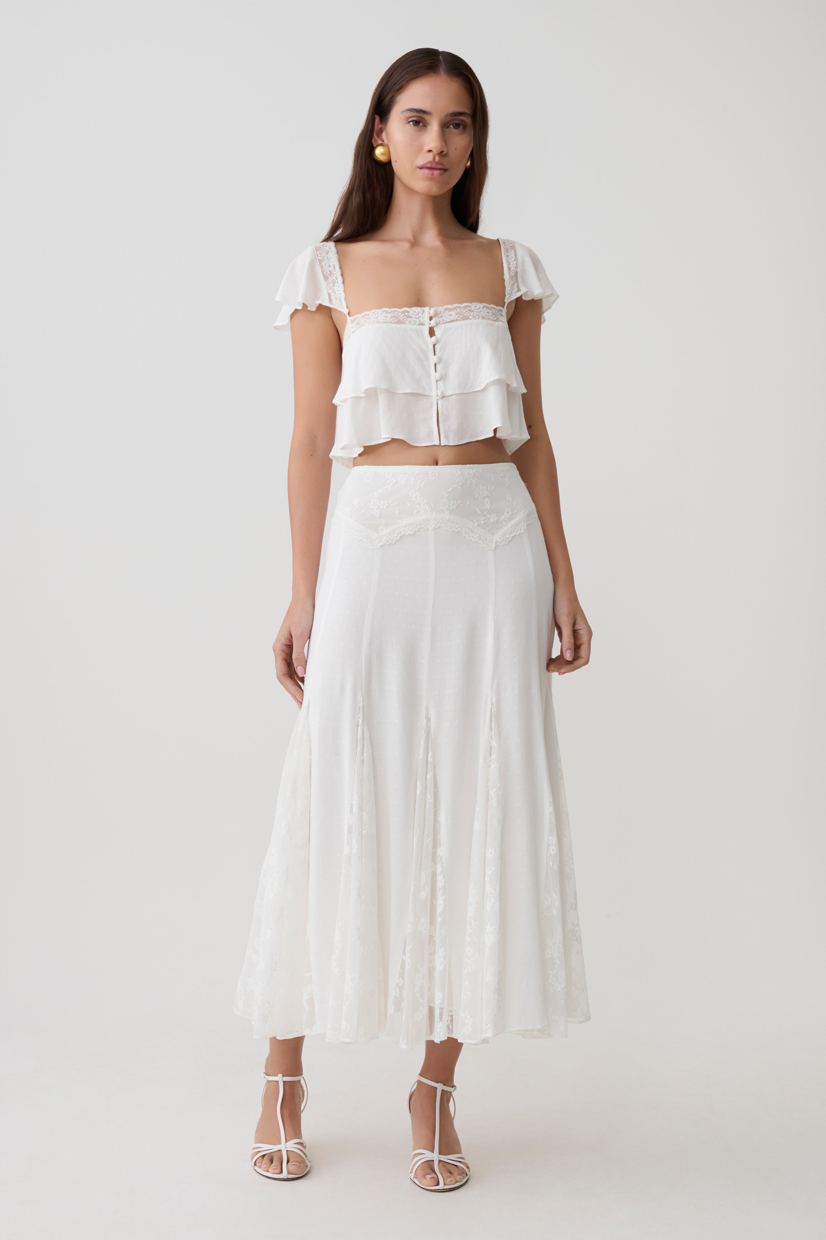 Skylar Lace Panelled Midi Skirt - White | MESHKI US