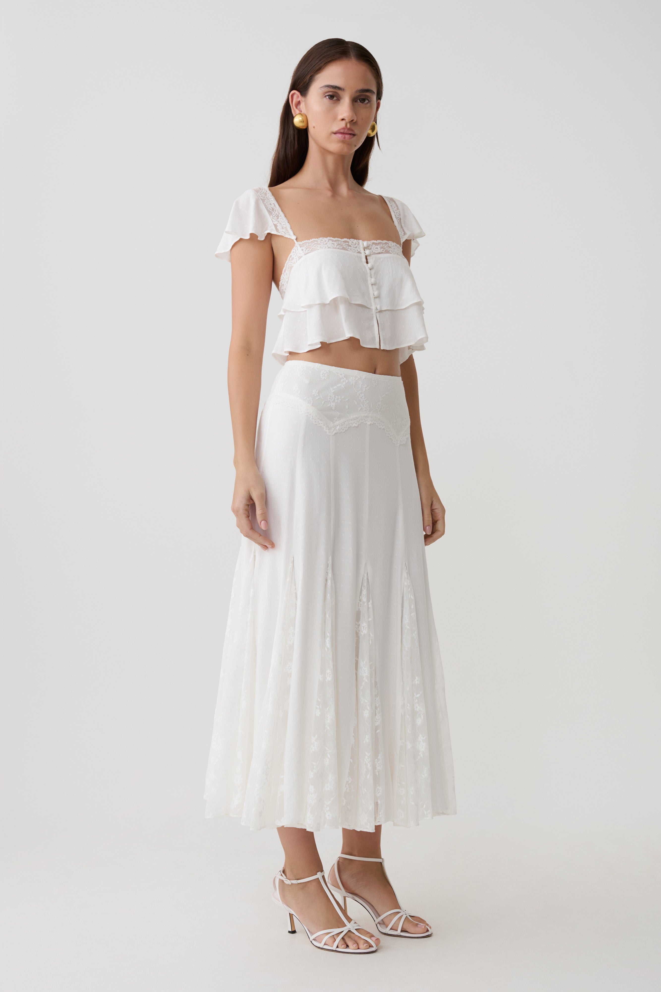 Skylar Lace Panelled Midi Skirt - White | MESHKI US
