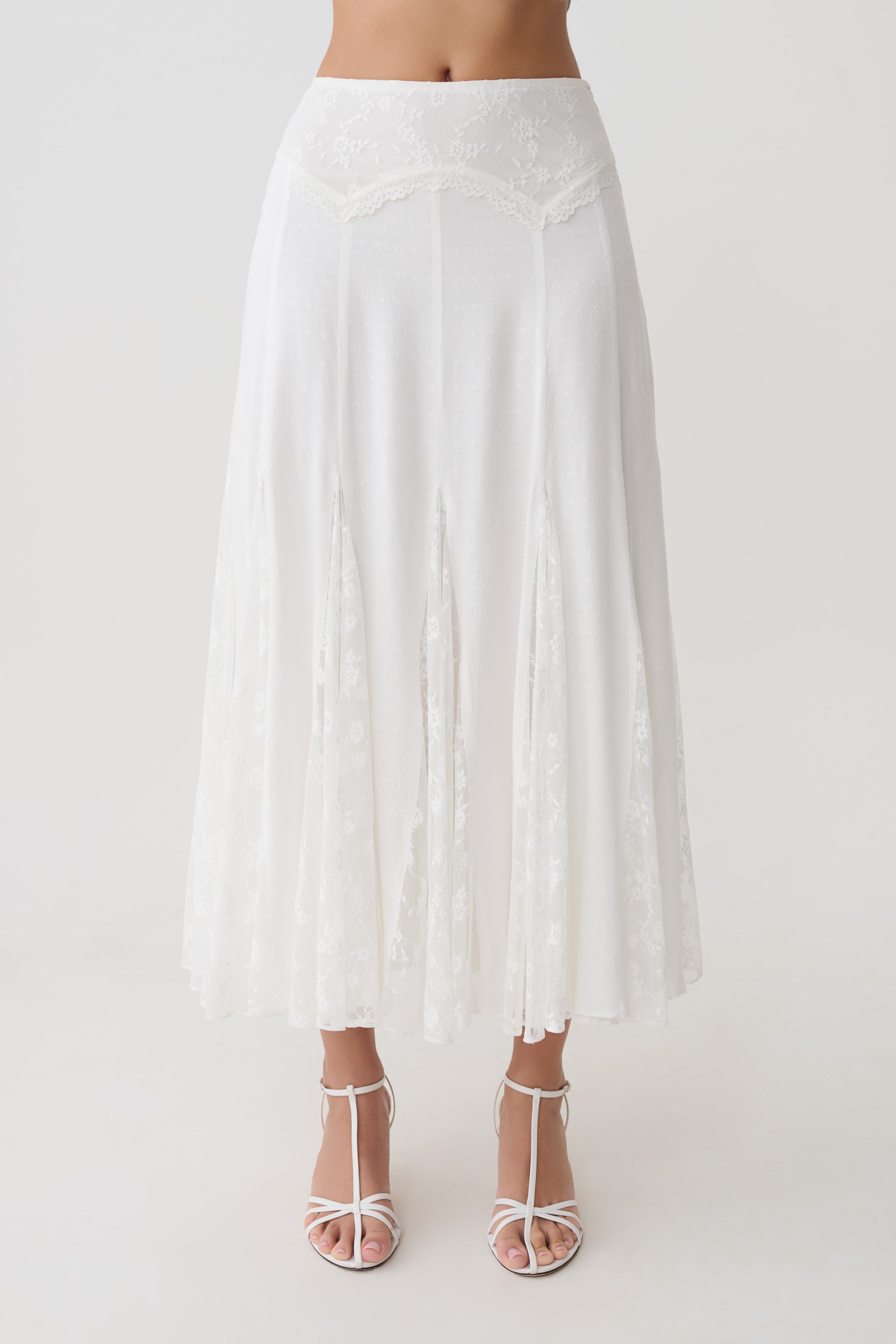 Skylar Lace Panelled Midi Skirt - White | MESHKI US