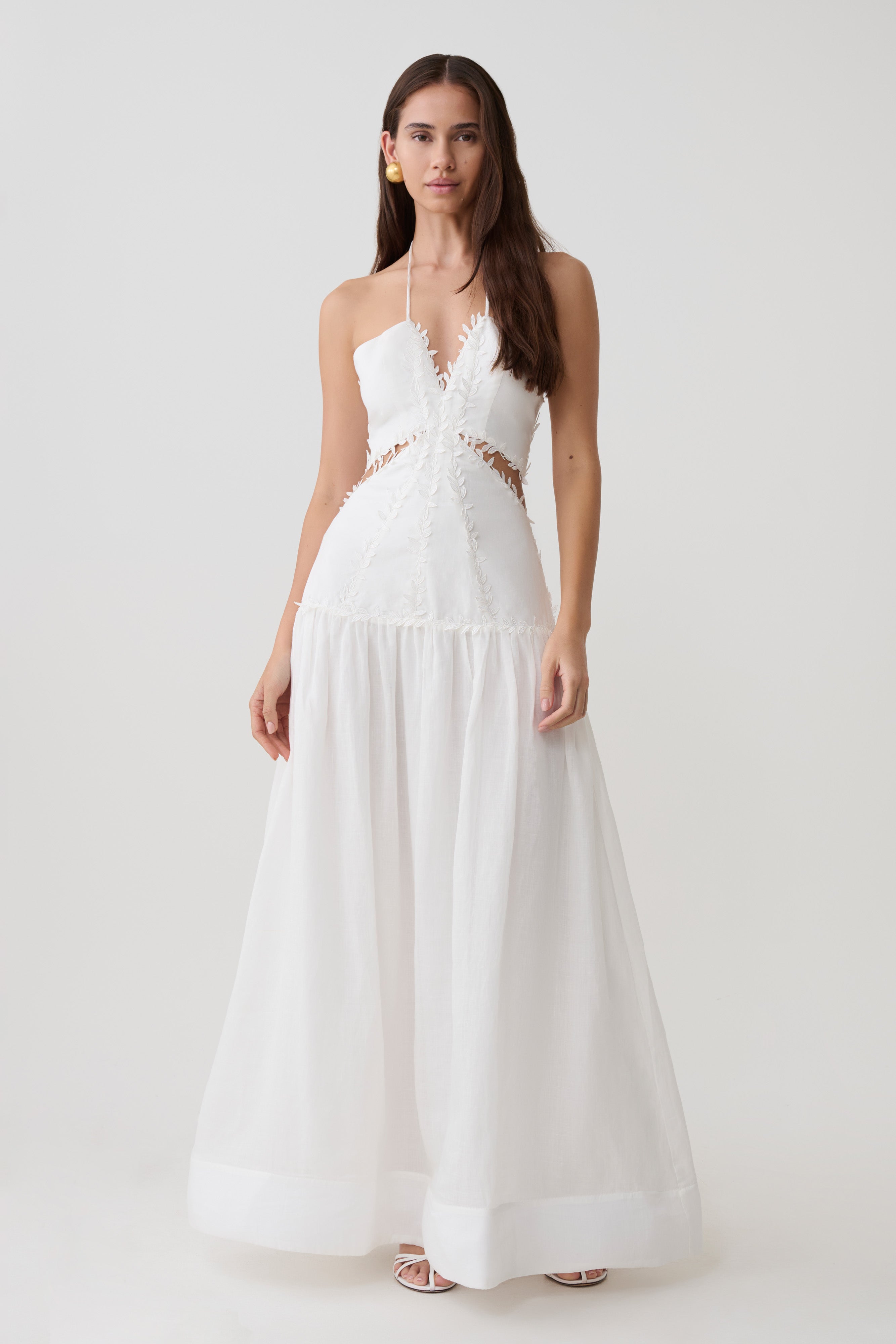 Fiona Linen Halter Maxi Dress - White | MESHKI US