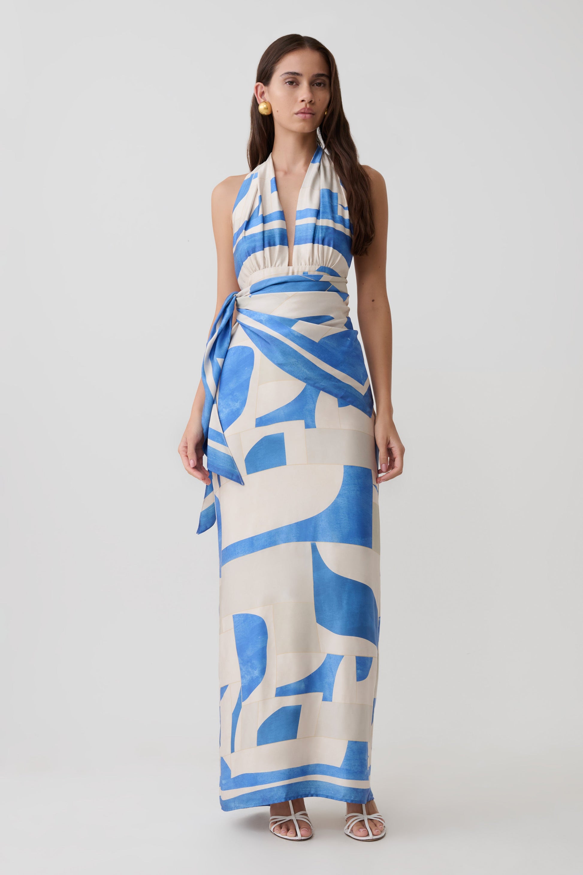 Gianna Satin Halter Maxi Dress / Blue Geo Tile Print | MESHKI | 3XL Gianna Satin Halter Maxi Dress / Blue Geo Tile Print | MESHKI | 3XL