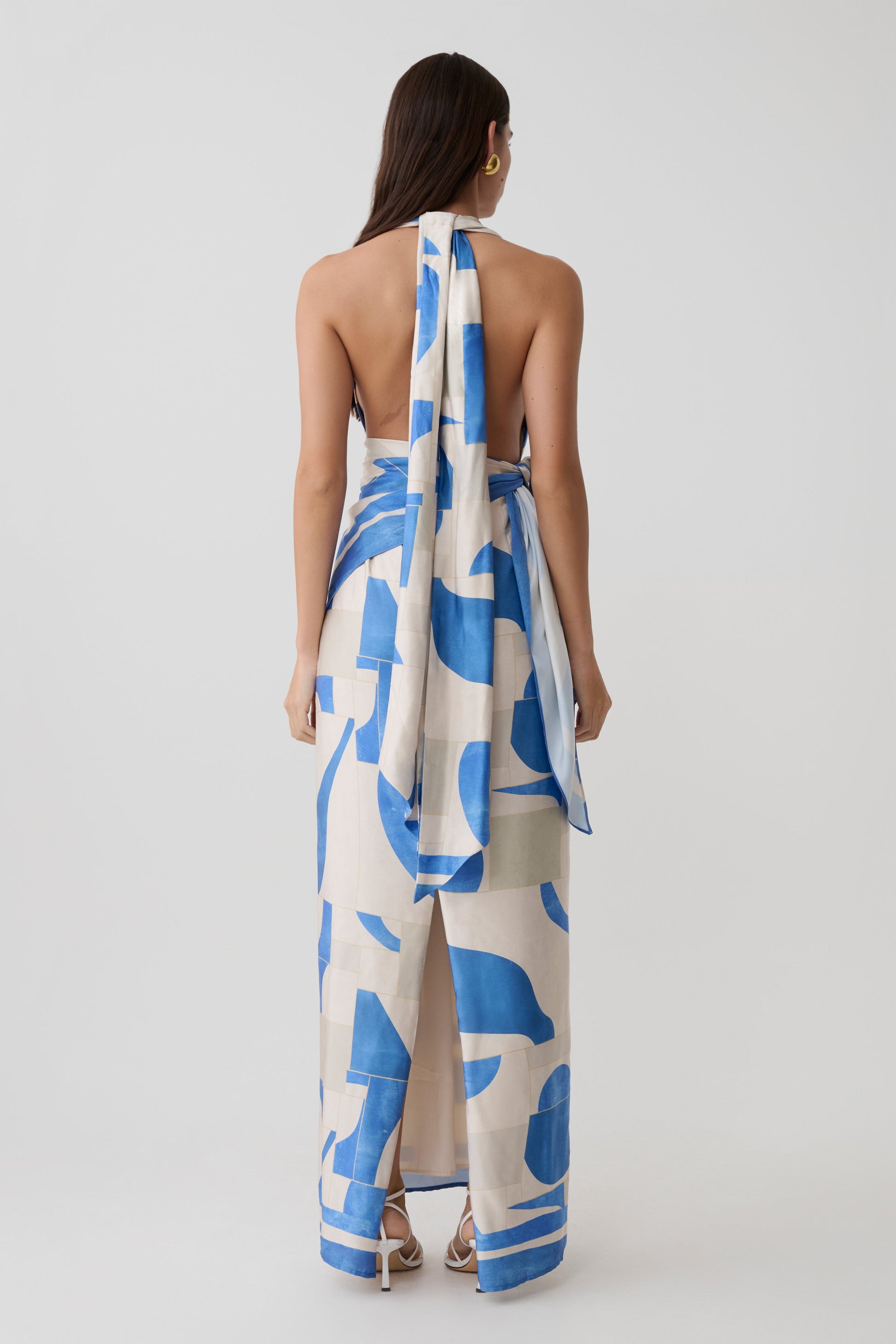 Gianna Satin Halter Maxi Dress - Blue Geo Tile Print | MESHKI US Gianna Satin Halter Maxi Dress - Blue Geo Tile Print | MESHKI US
