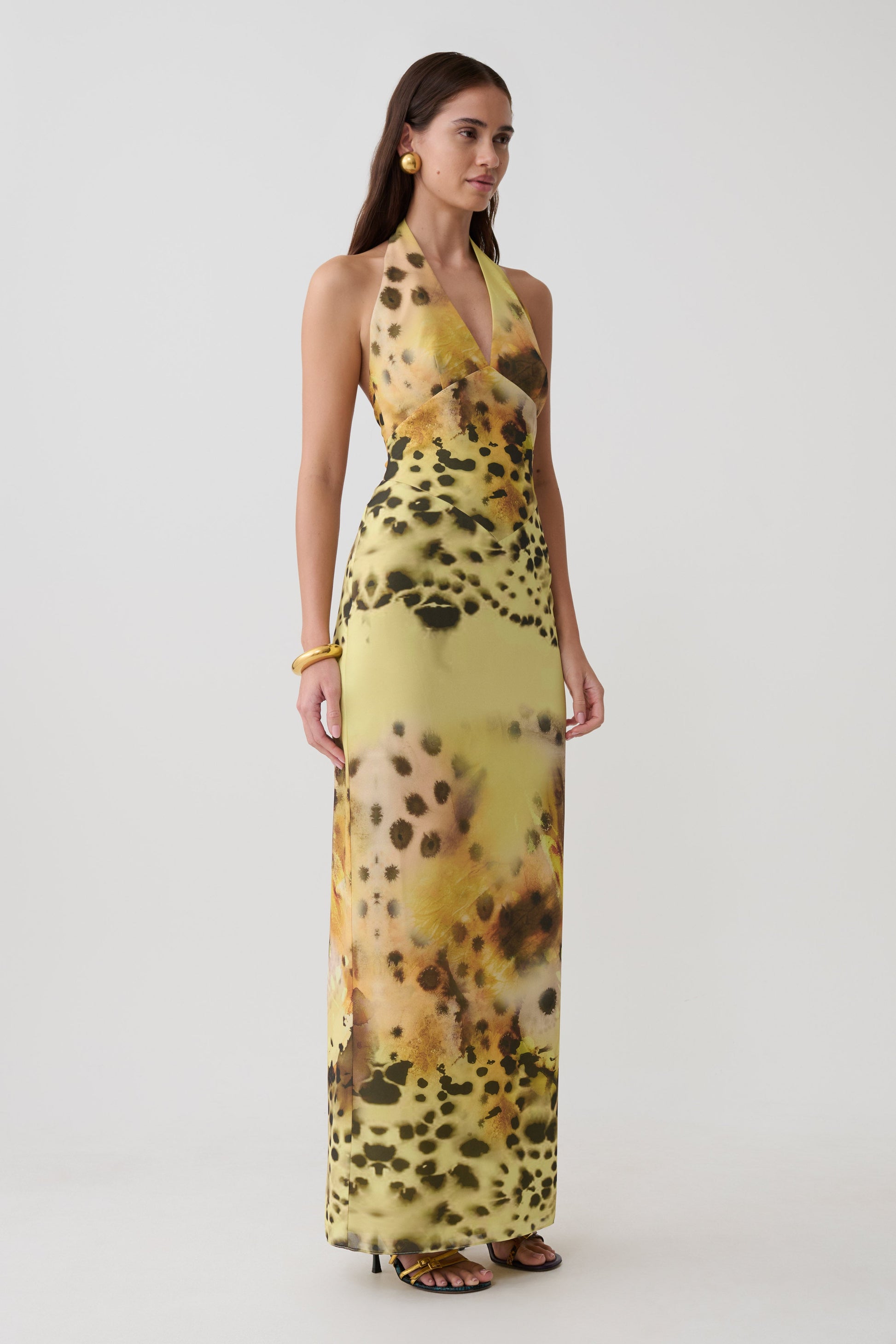 print chiffon halter maxi dress Stacees 2026 A-line Floral Print Prom Dress with Halter Ruched Cutout Corset