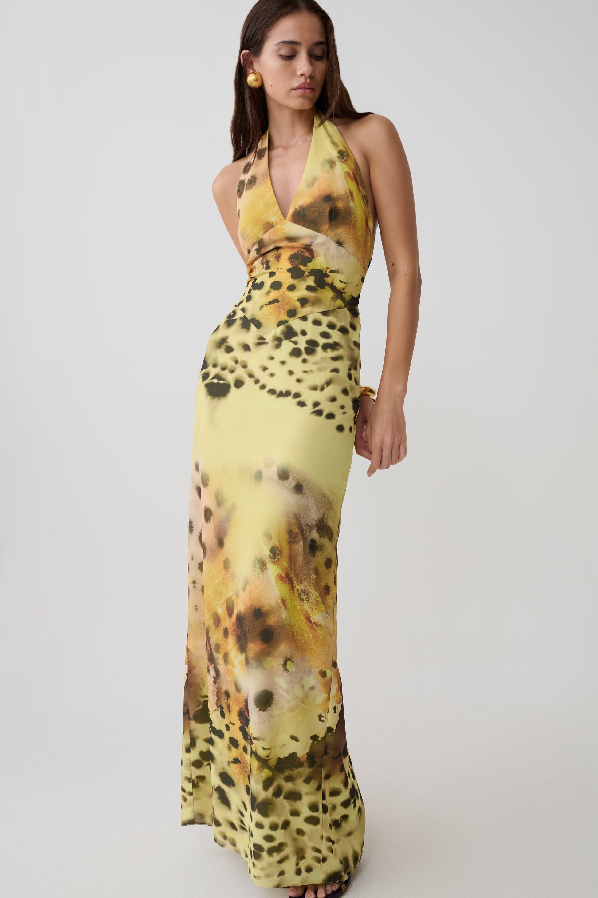 Valentina Chiffon Halter Maxi Dress / Yellow Floral Leopard Print | MESHKI