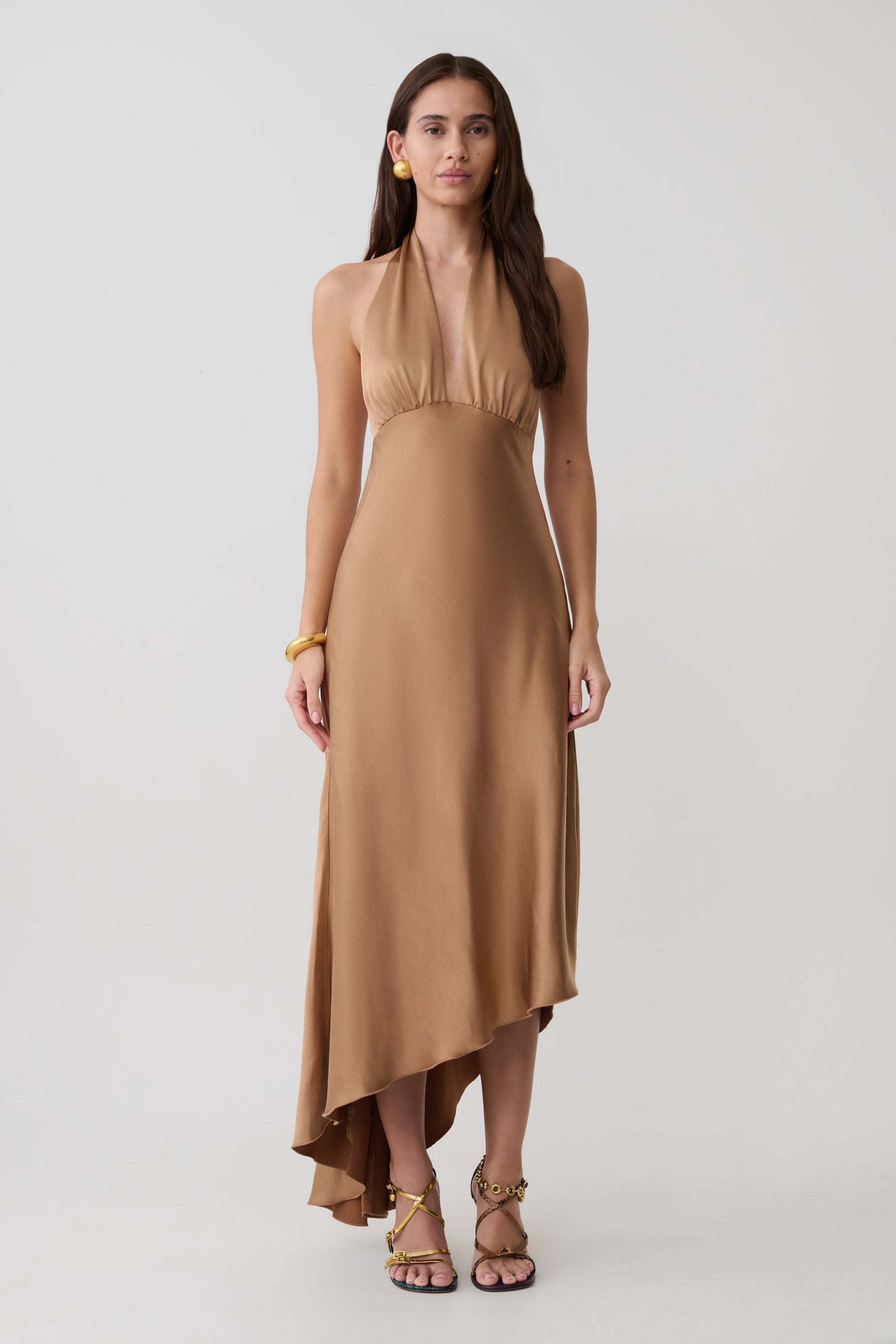 Adelie Asymmetric Hem Halter Midi Dress / Cognac | MESHKI