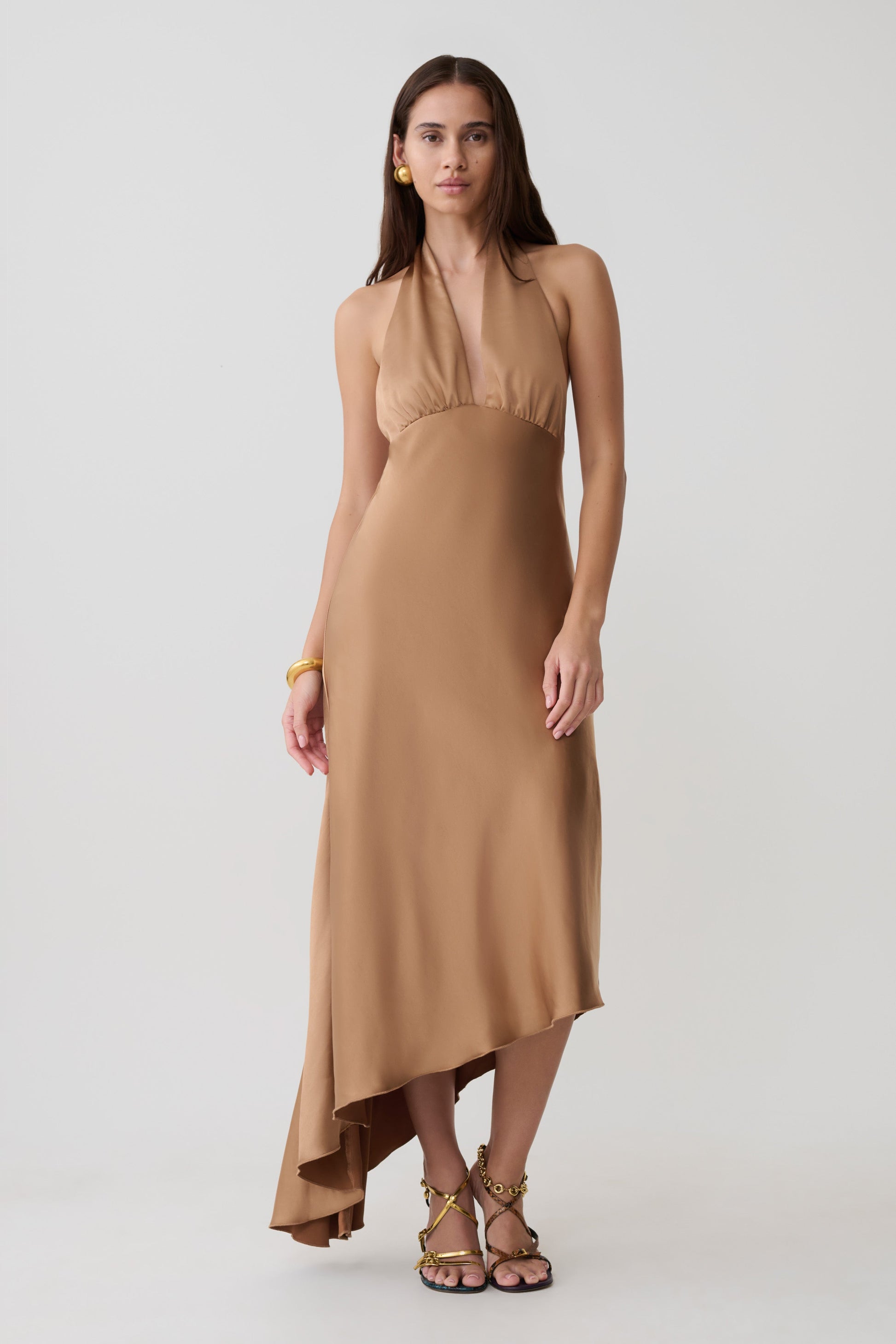 Adelie Asymmetric Hem Halter Midi Dress / Cognac | MESHKI