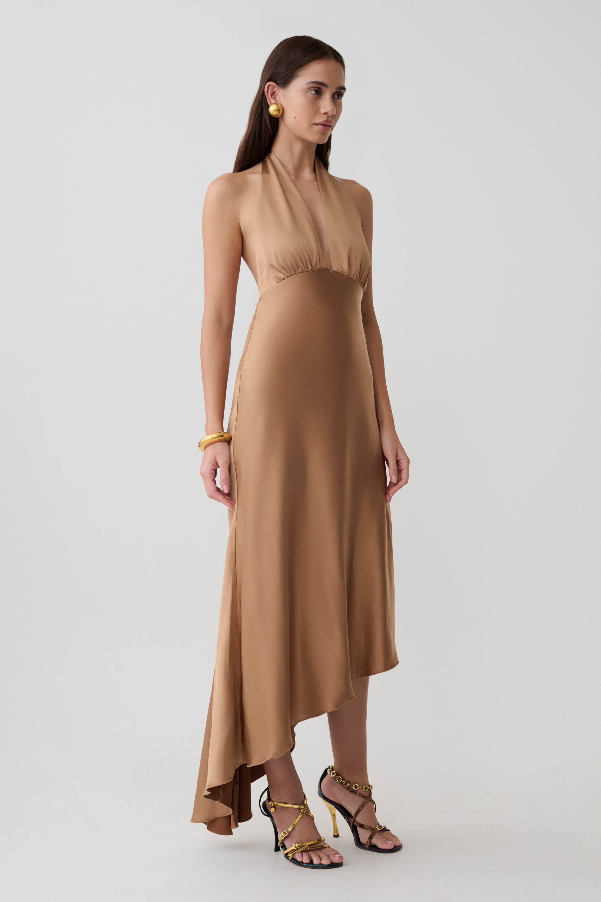 Adelie Asymmetric Hem Halter Midi Dress / Cognac | MESHKI
