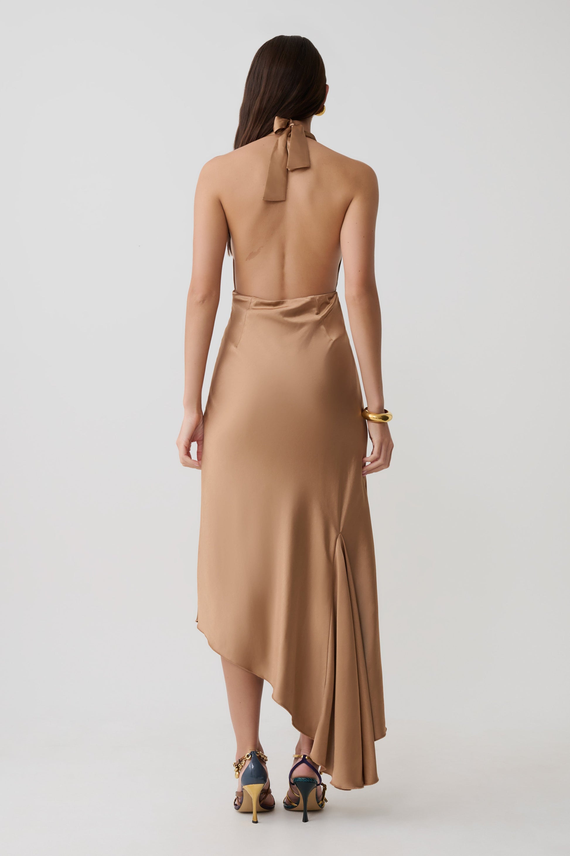 Adelie Asymmetric Hem Halter Midi Dress / Cognac | MESHKI