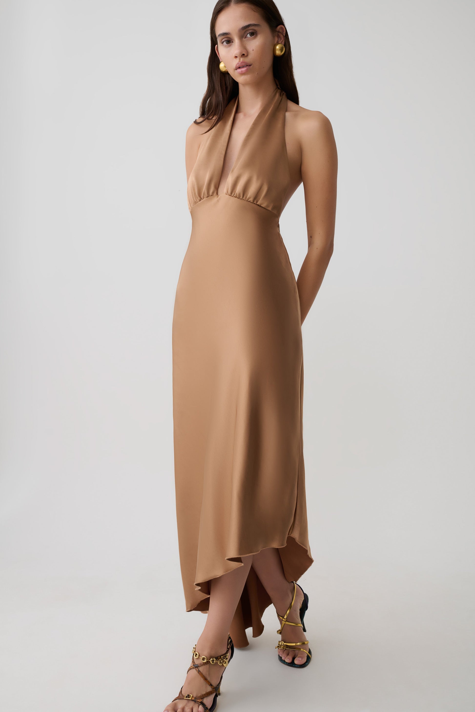 Adelie Asymmetric Hem Halter Midi Dress / Cognac | MESHKI