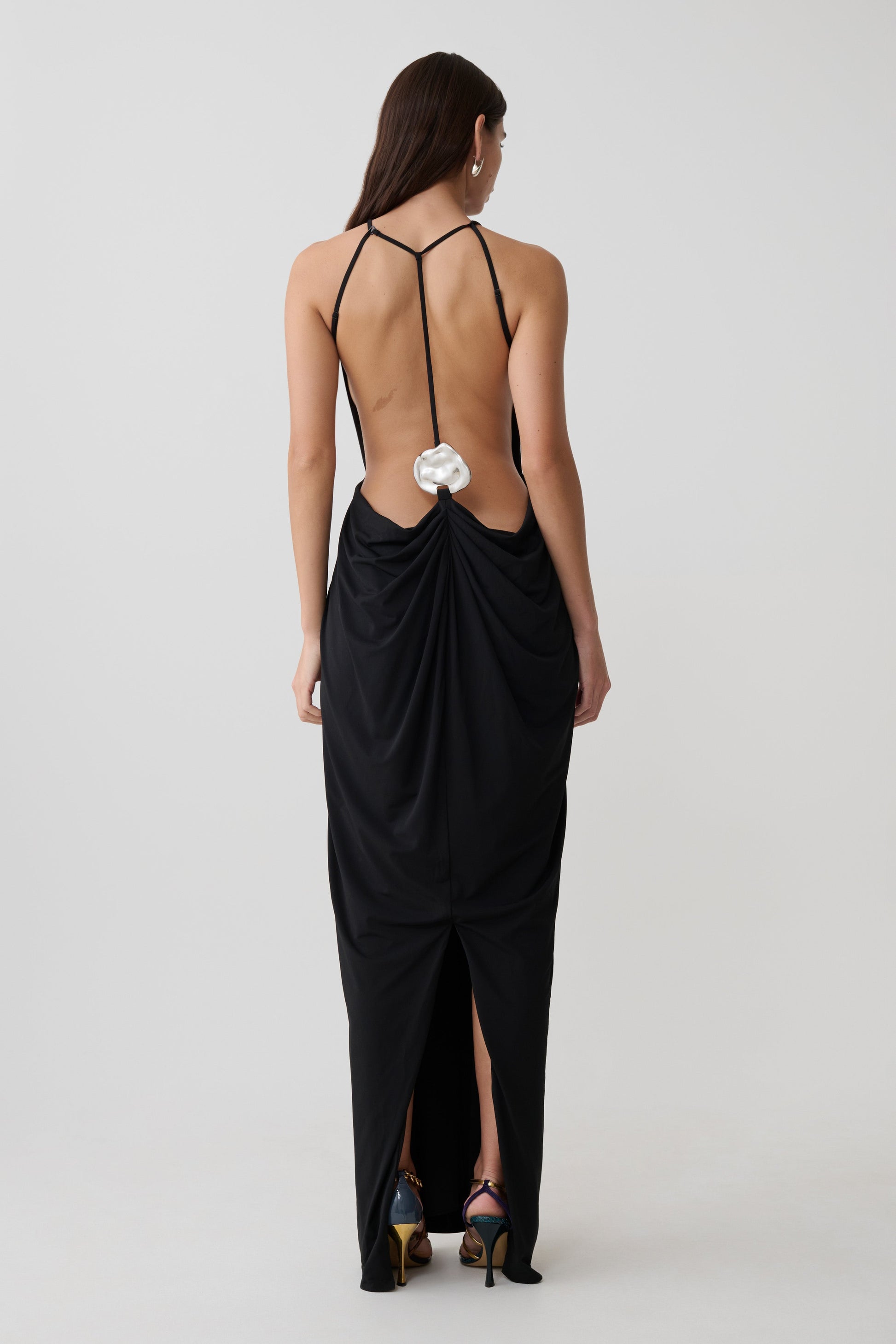 black dress with low cut back SPINE OPEN BACK (MAXI DRESS)