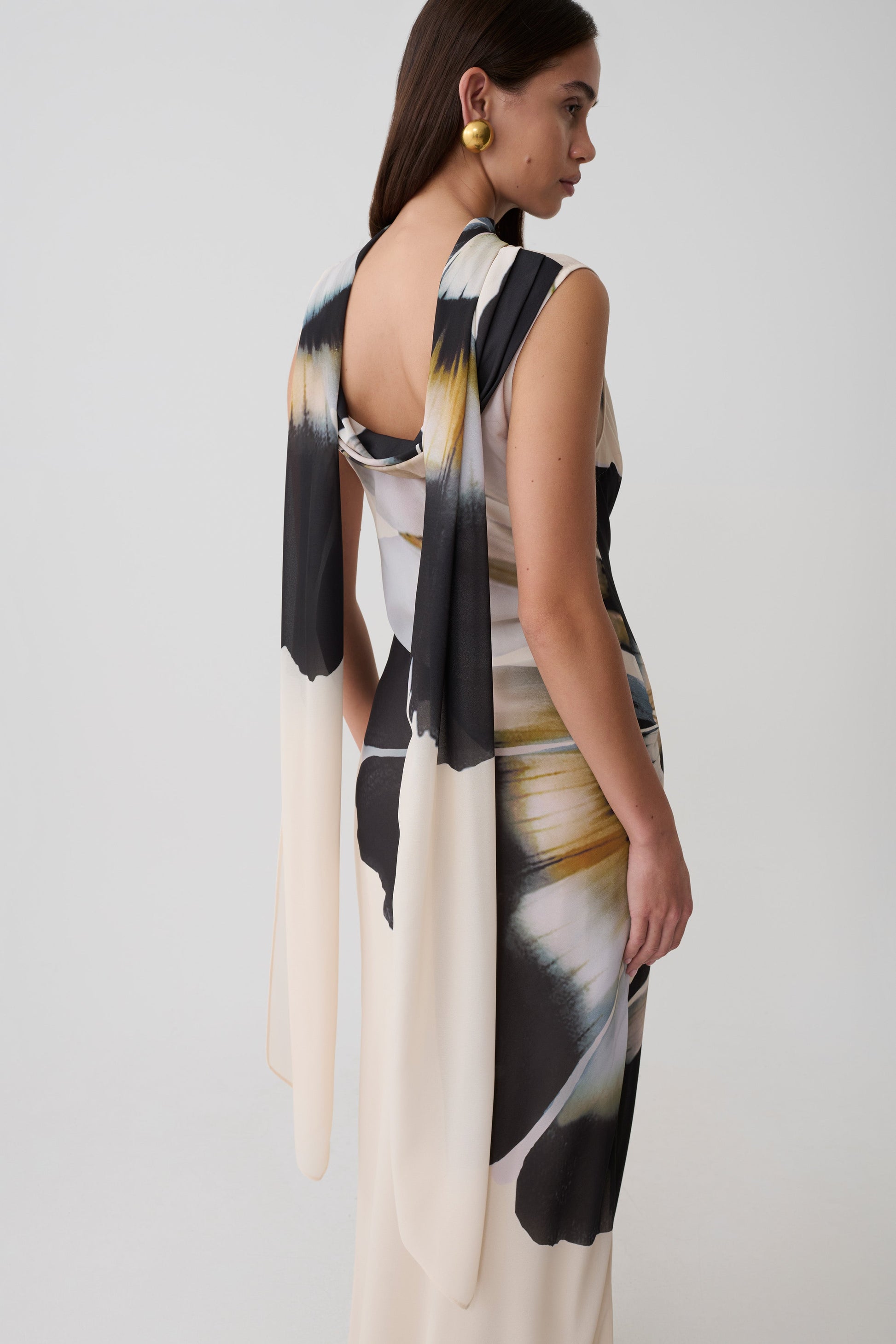 Dakota Chiffon Maxi Dress With Scarf - Ivory Oversized Floral Print | MESHKI US Dakota Chiffon Maxi Dress With Scarf - Ivory Oversized Floral Print | MESHKI US