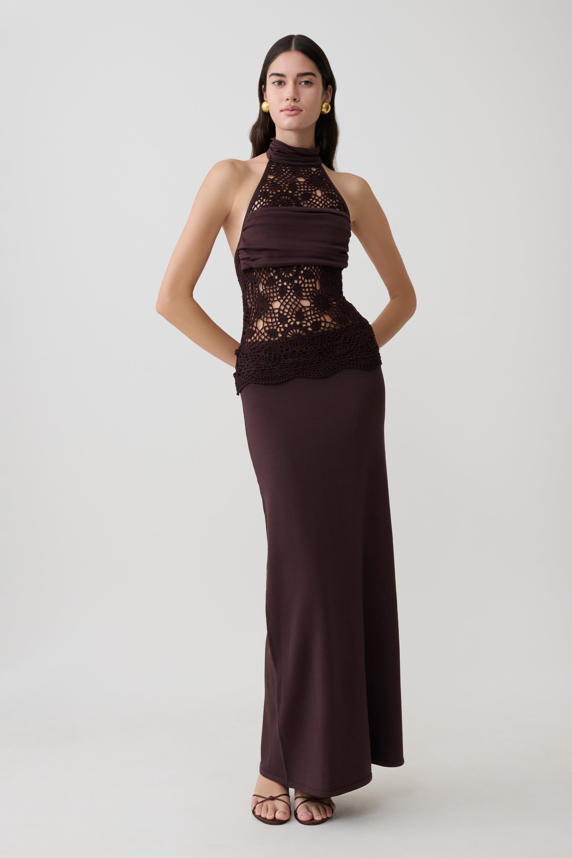 Tessie Knit & Crochet Maxi Dress / Dark Chocolate | MESHKI