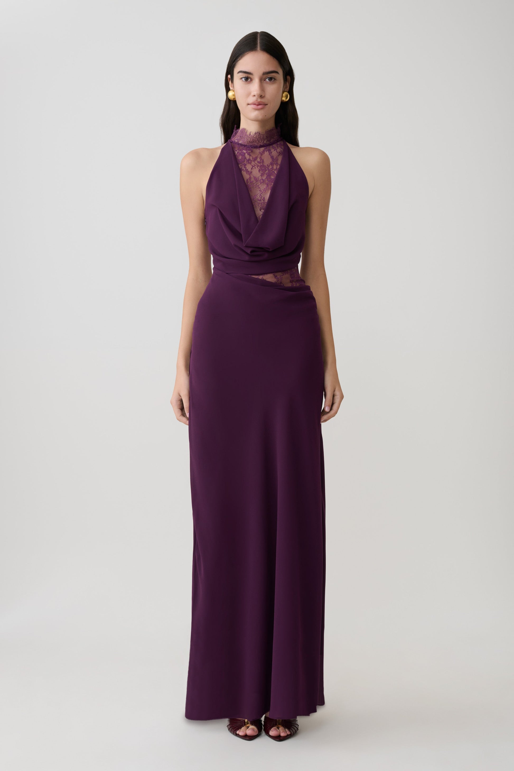 Arra Chiffon And Lace Halter Maxi Dress - Plum | MESHKI US Arra Chiffon And Lace Halter Maxi Dress - Plum | MESHKI US