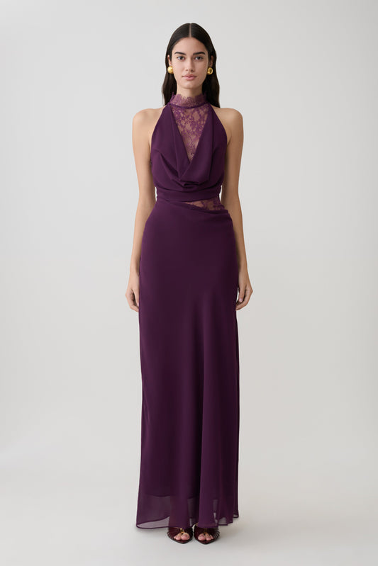 Arra Chiffon And Lace Halter Maxi Dress - Plum