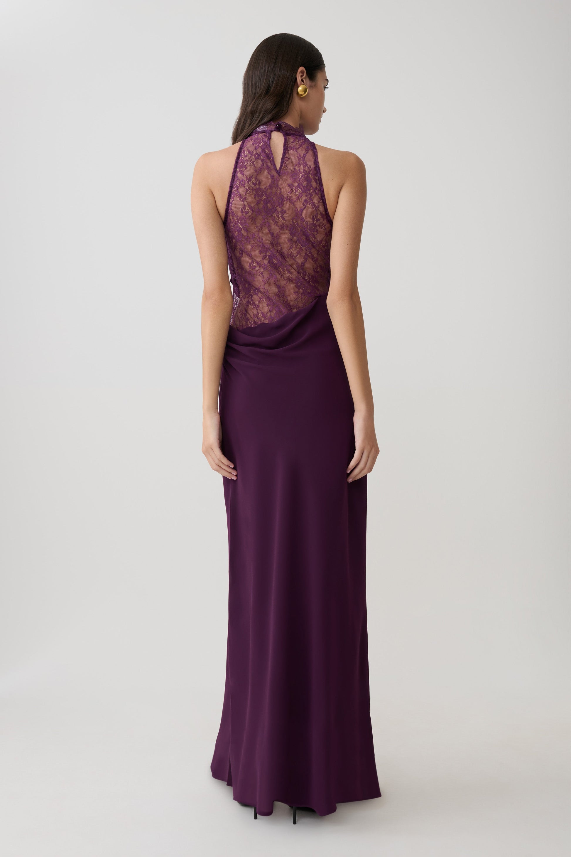 Arra Chiffon And Lace Halter Maxi Dress / Plum | MESHKI