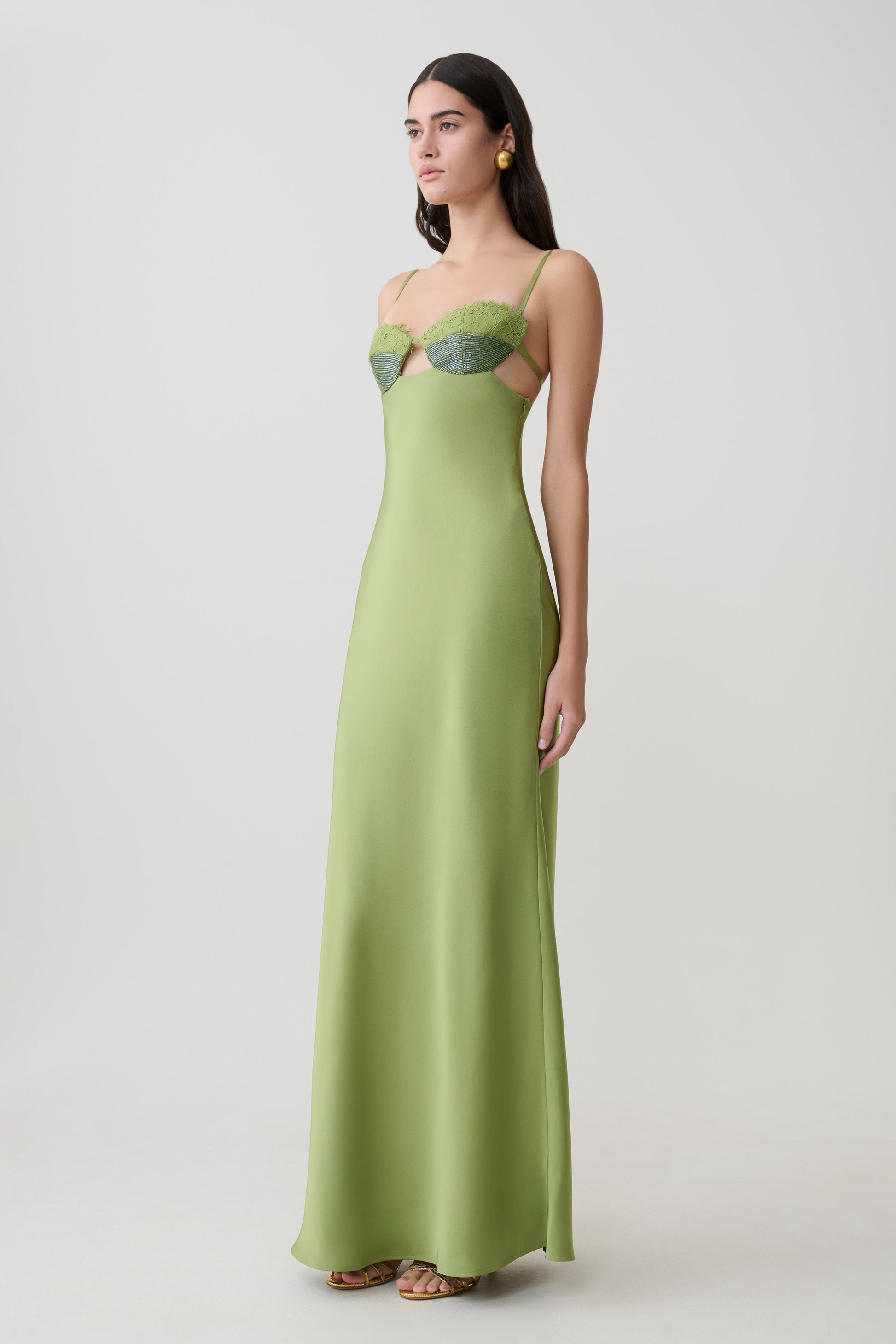 Fiorella Embellished Satin Maxi Dress / Pistachio | MESHKI