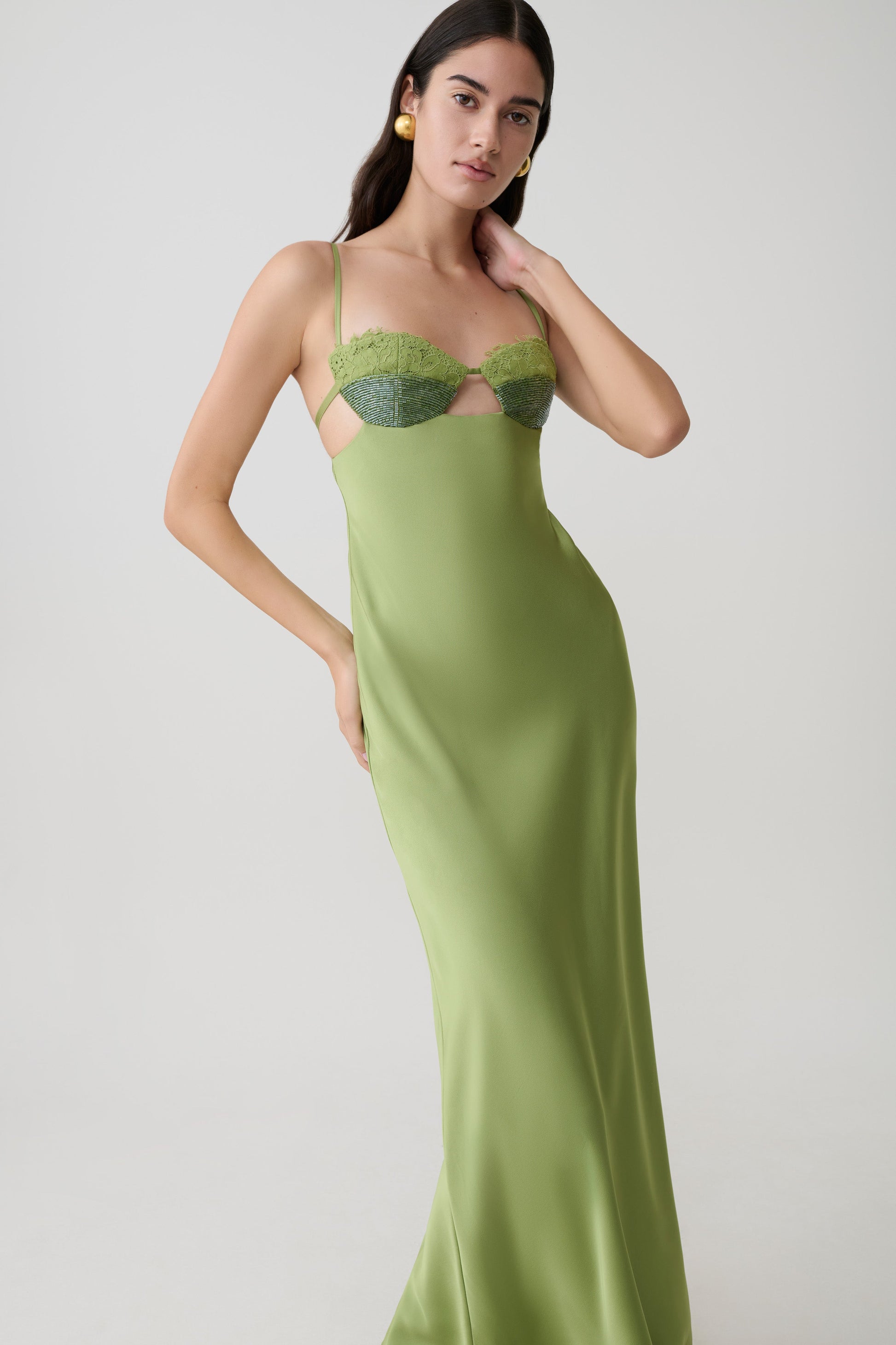 Fiorella Embellished Satin Maxi Dress - Pistachio | MESHKI US Fiorella Embellished Satin Maxi Dress - Pistachio | MESHKI US