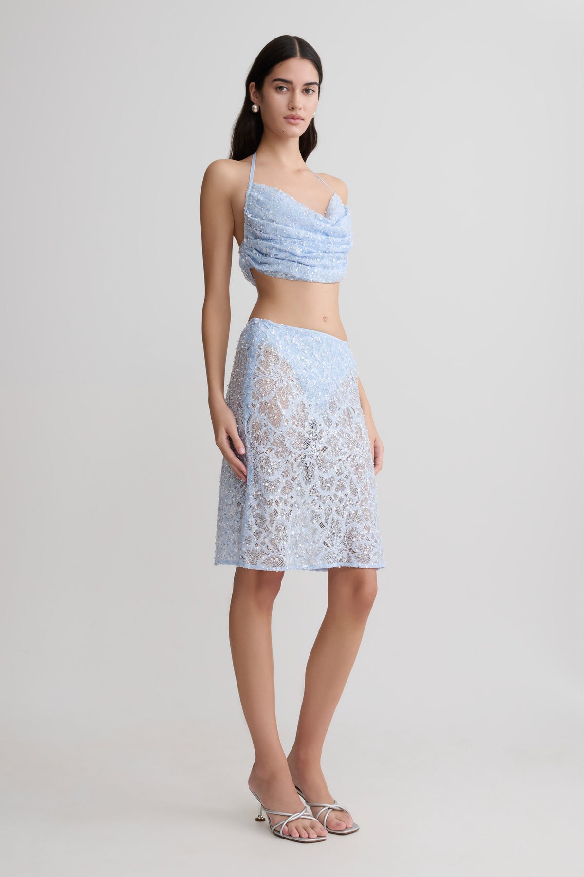 Kiara Pearl Beaded Midi Skirt - Powder Blue #5
