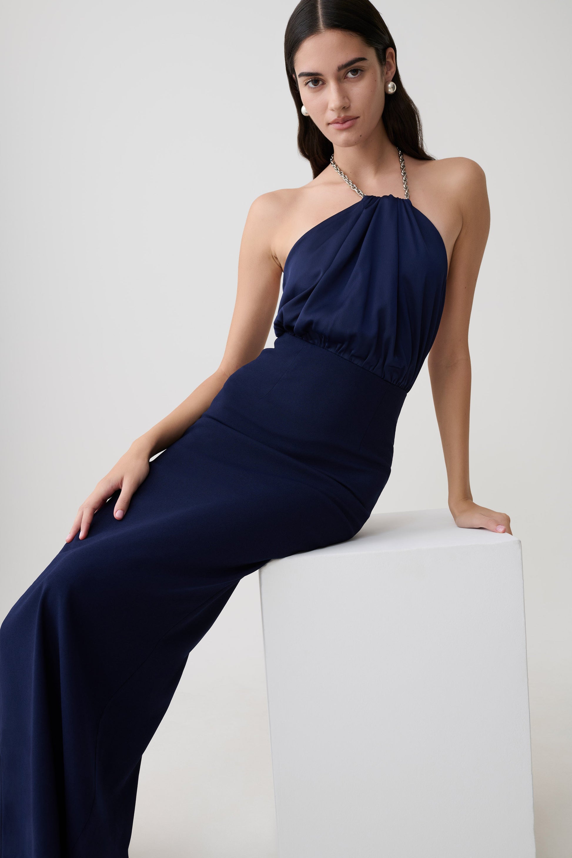 maxi dress with necklace Elina Satin Necklace Maxi Dress / Navy | MESHKI