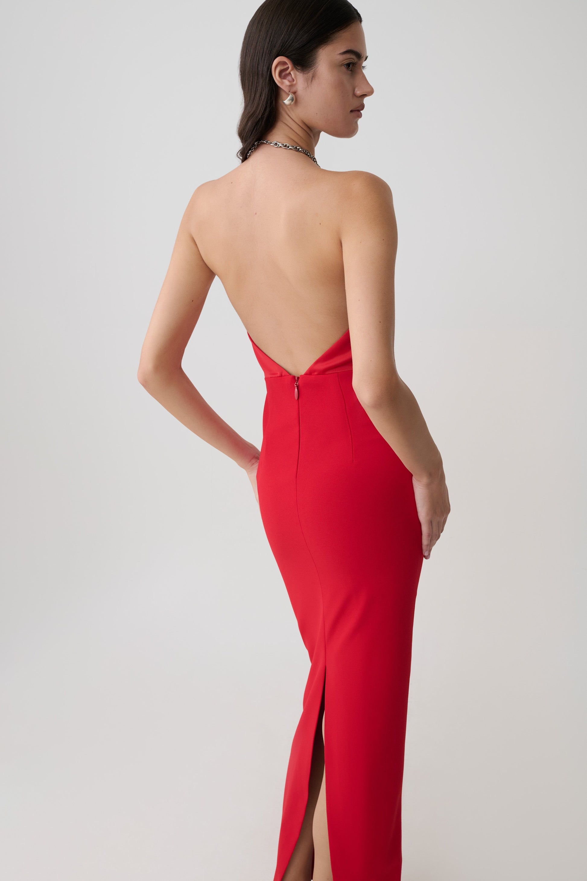 choker maxi dress red Elina Satin Necklace Maxi Dress - Red