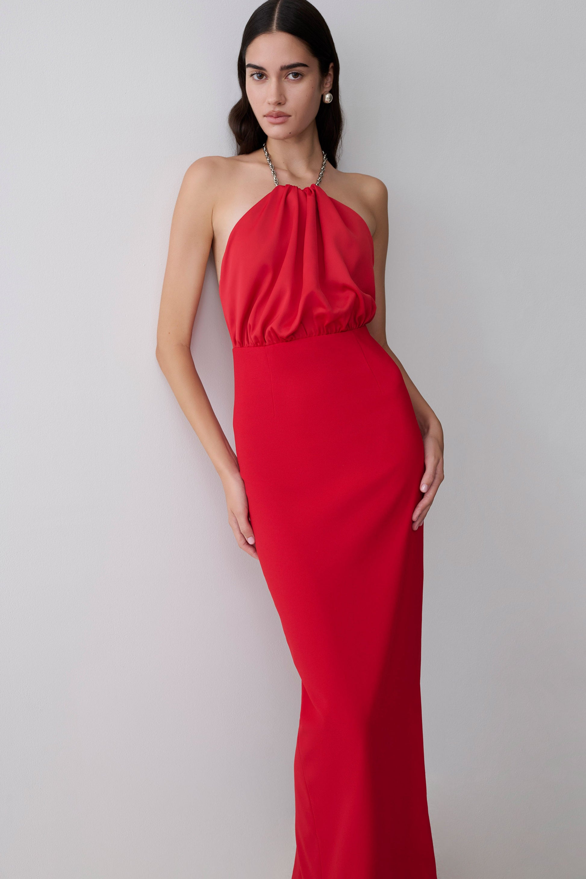 meshki red satin dress Elina Satin Necklace Maxi Dress / Red | MESHKI