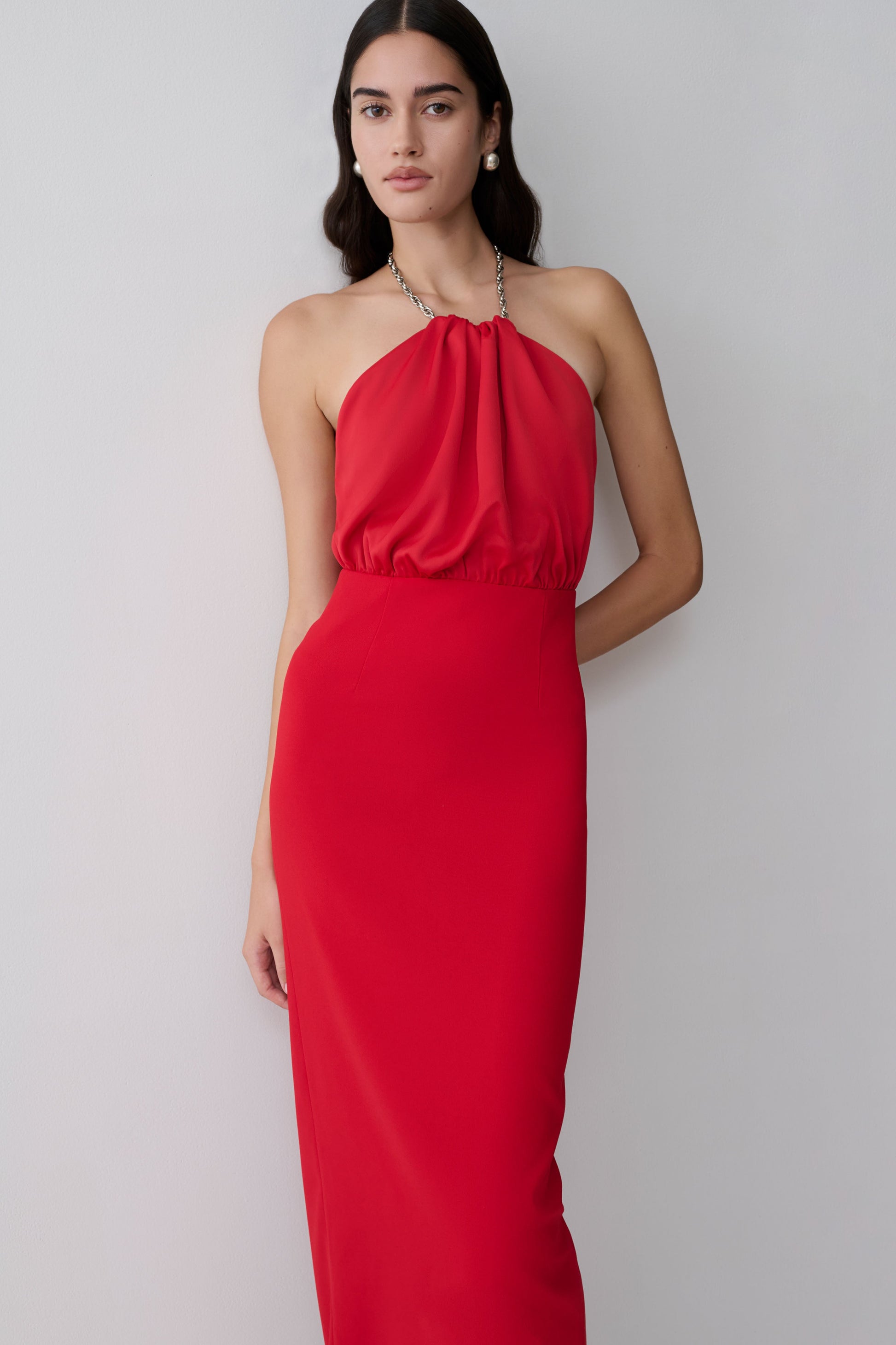 choker maxi dress red Elina Satin Necklace Maxi Dress - Red
