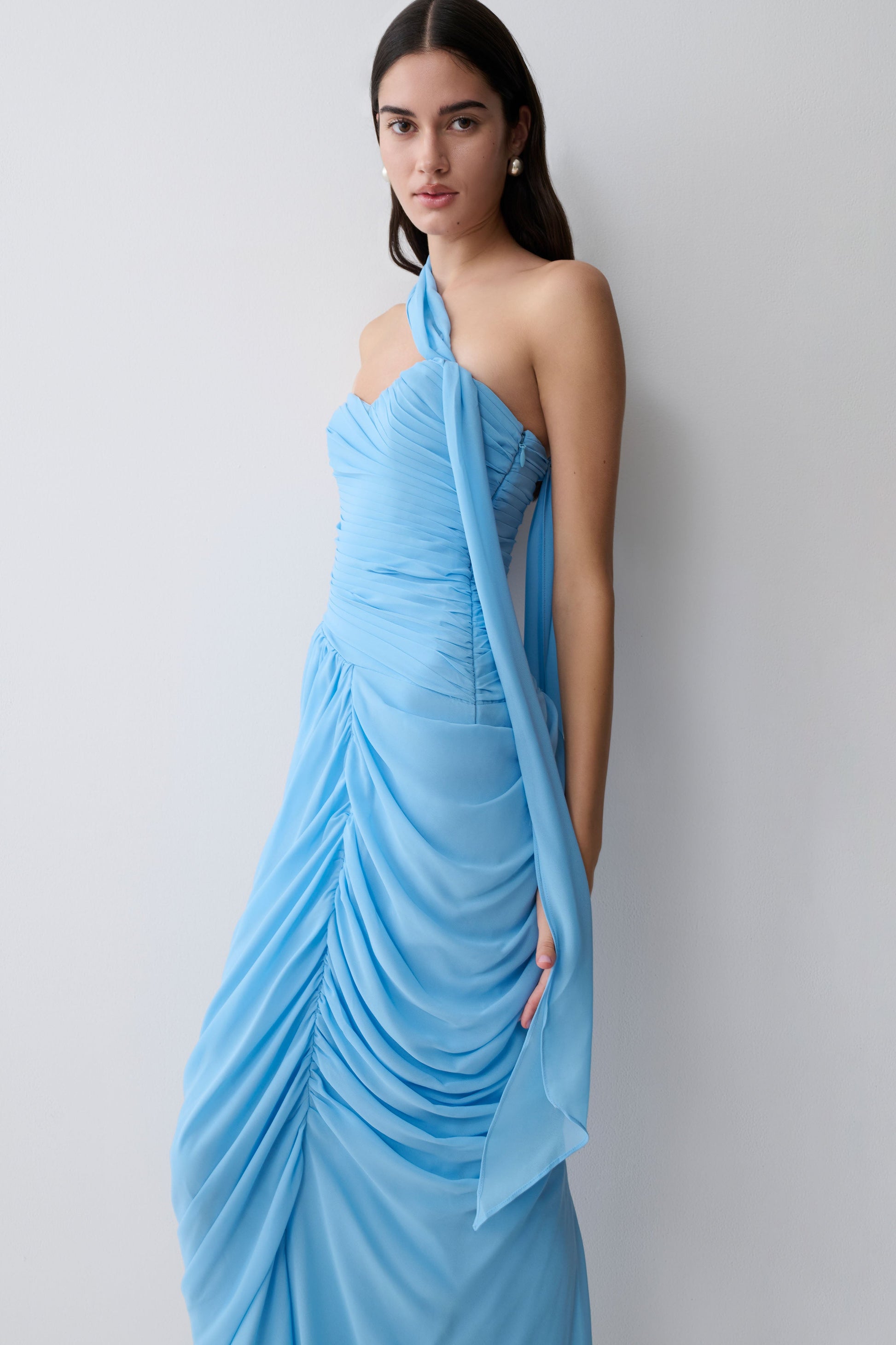 blue chiffon maxi dress Elaine Beaded - Sky Finished with a bold Blue Coast Pleated Chiffon Maxi