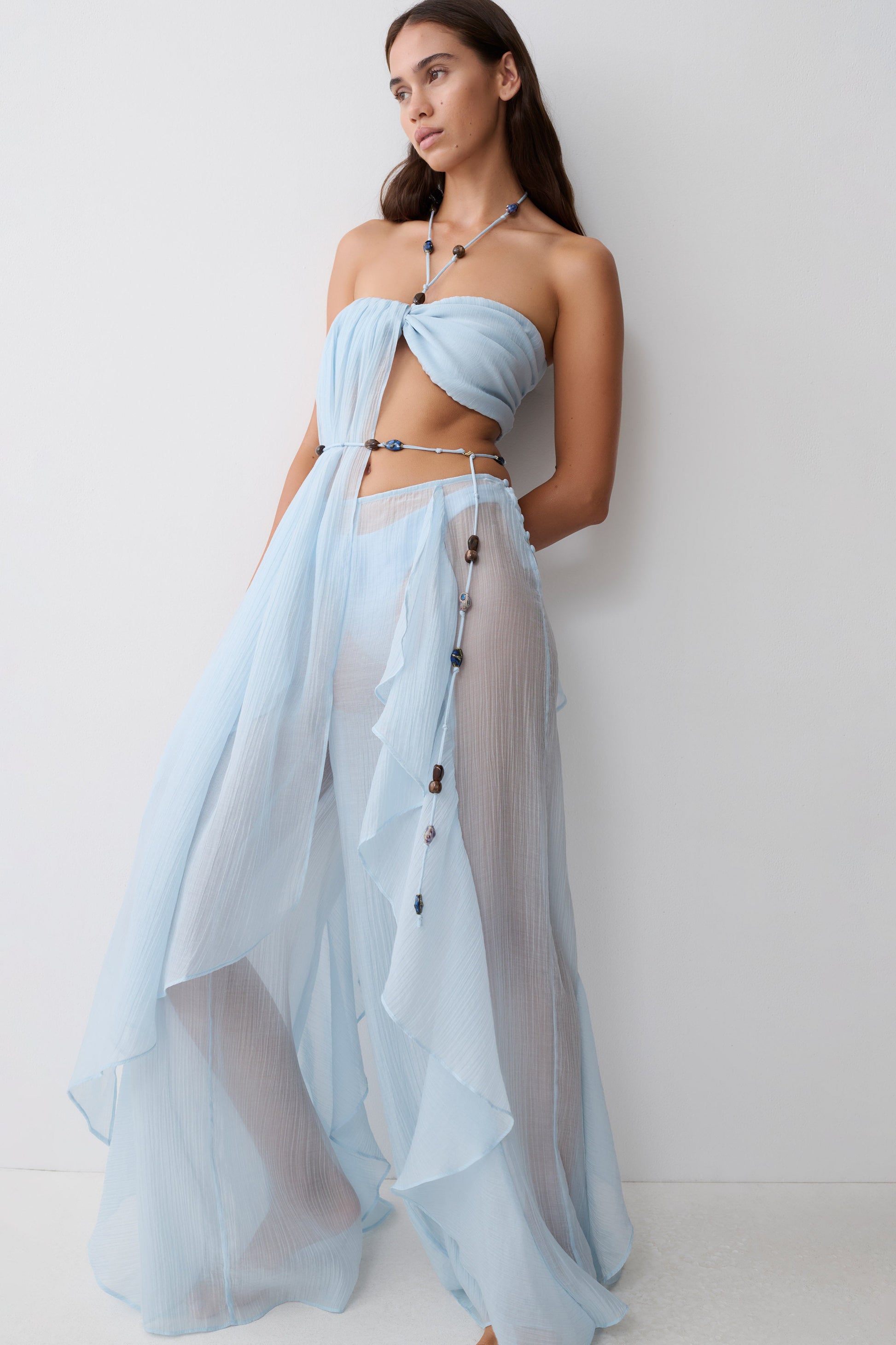 Kai Beaded Draped Scarf Top / Pale Blue | MESHKI