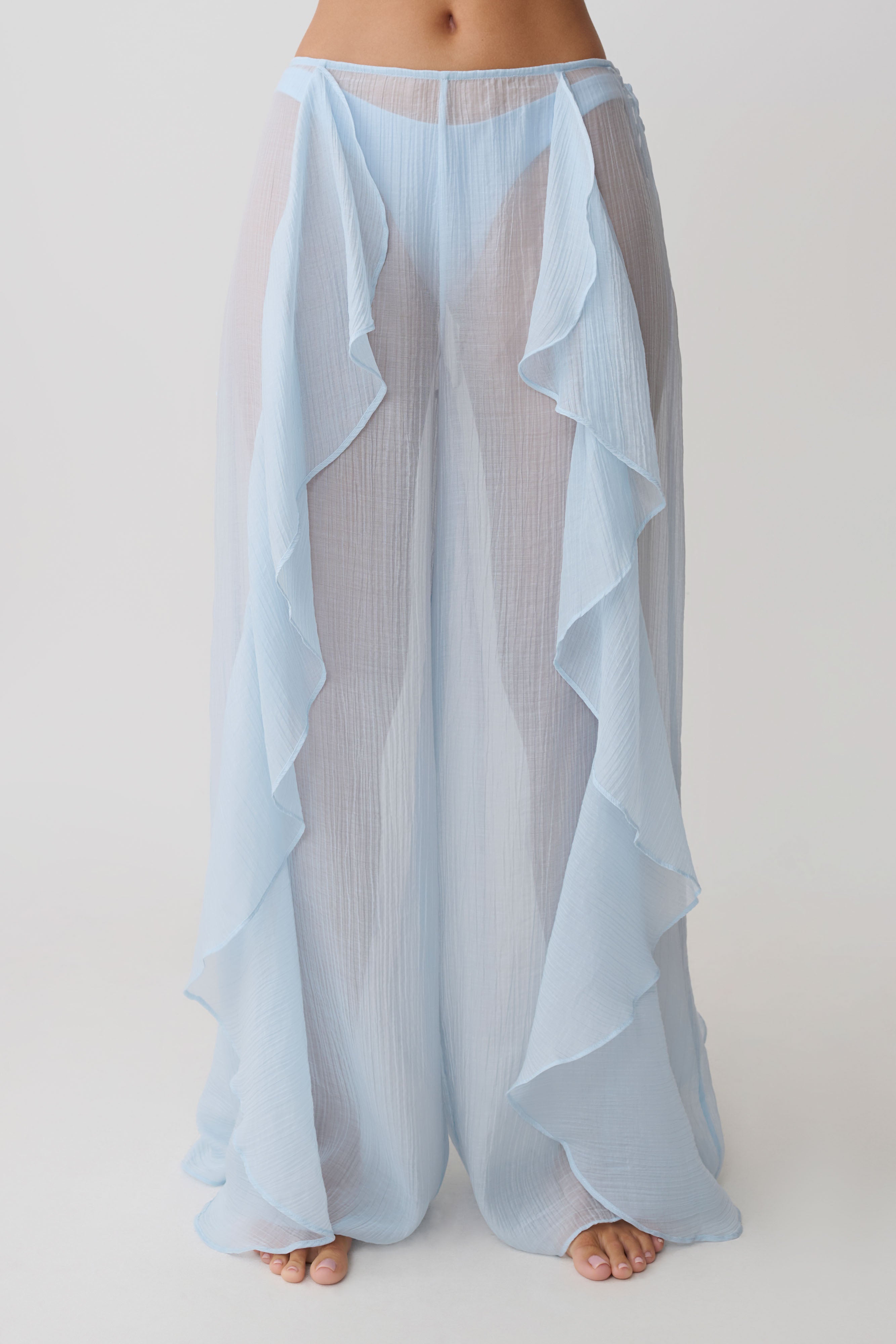 【 PHEENY】Sheer velour layered pants Kai Sheer Draped Ruffle Pant - Pale Blue | MESHKI US
