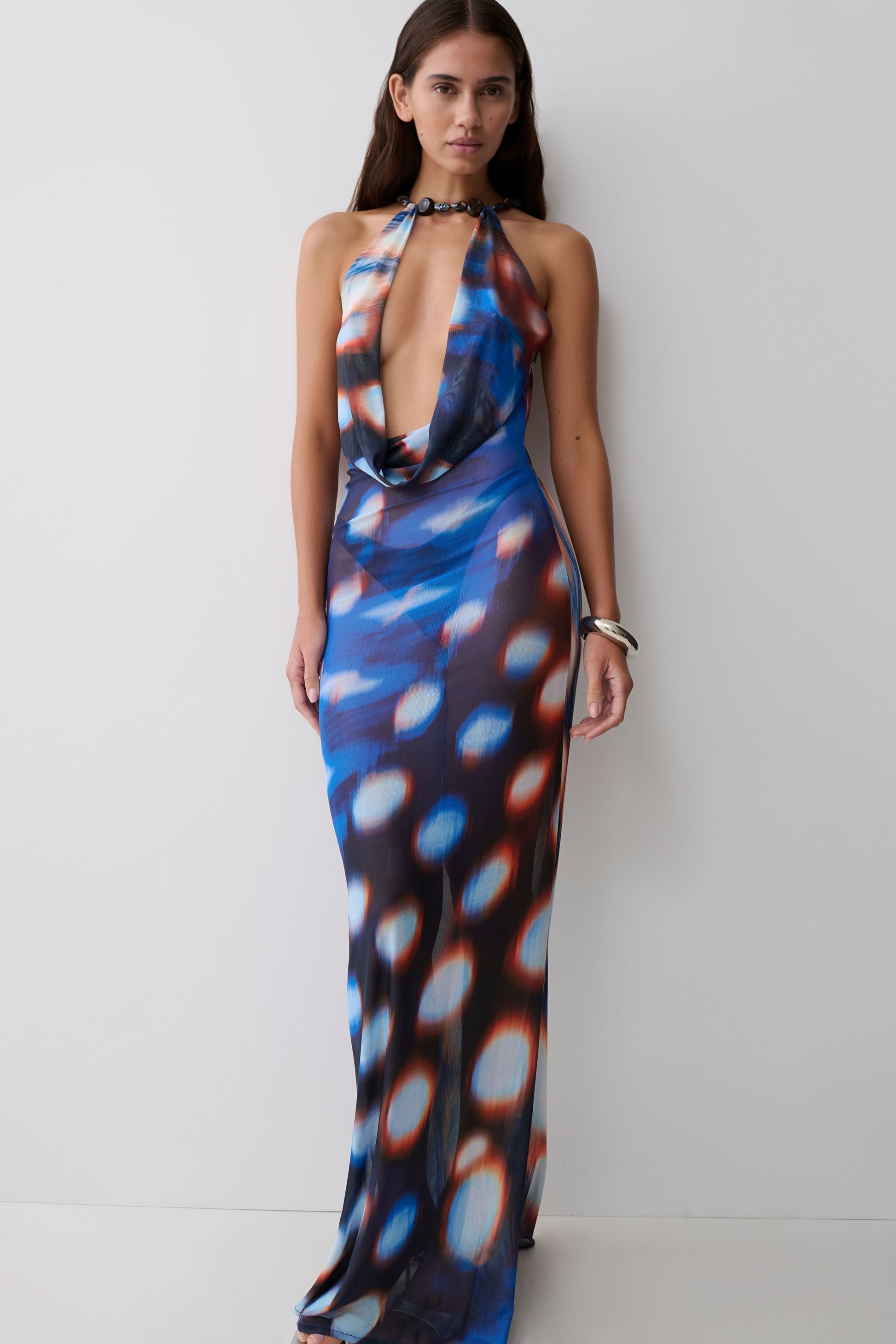 red abstract printed plunge cowl mesh bodycon dress Ethel Mesh Cowl Plunge Maxi - Blue Abstract Print