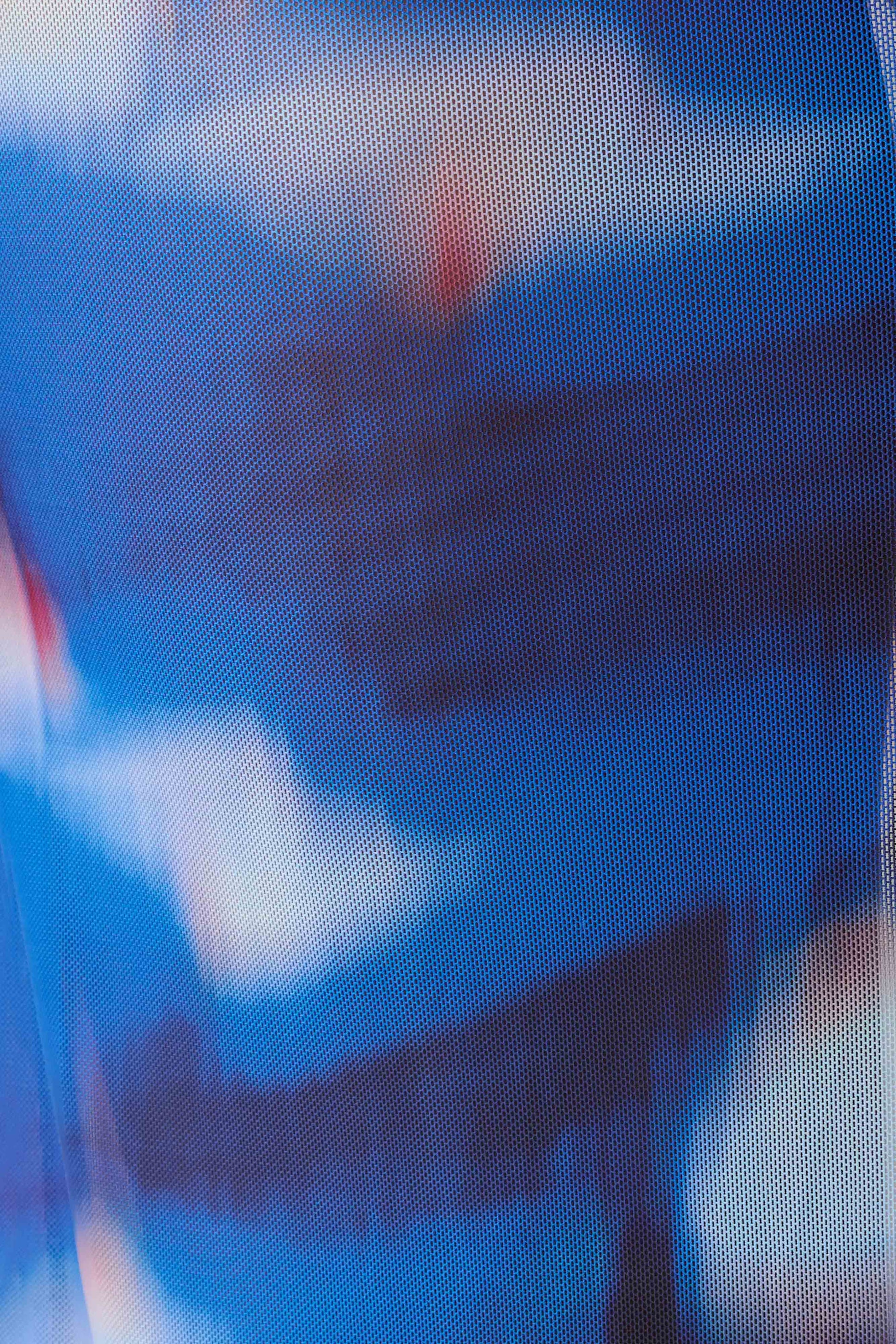 red abstract printed plunge cowl mesh bodycon dress Ethel Mesh Cowl Plunge Maxi - Blue Abstract Print