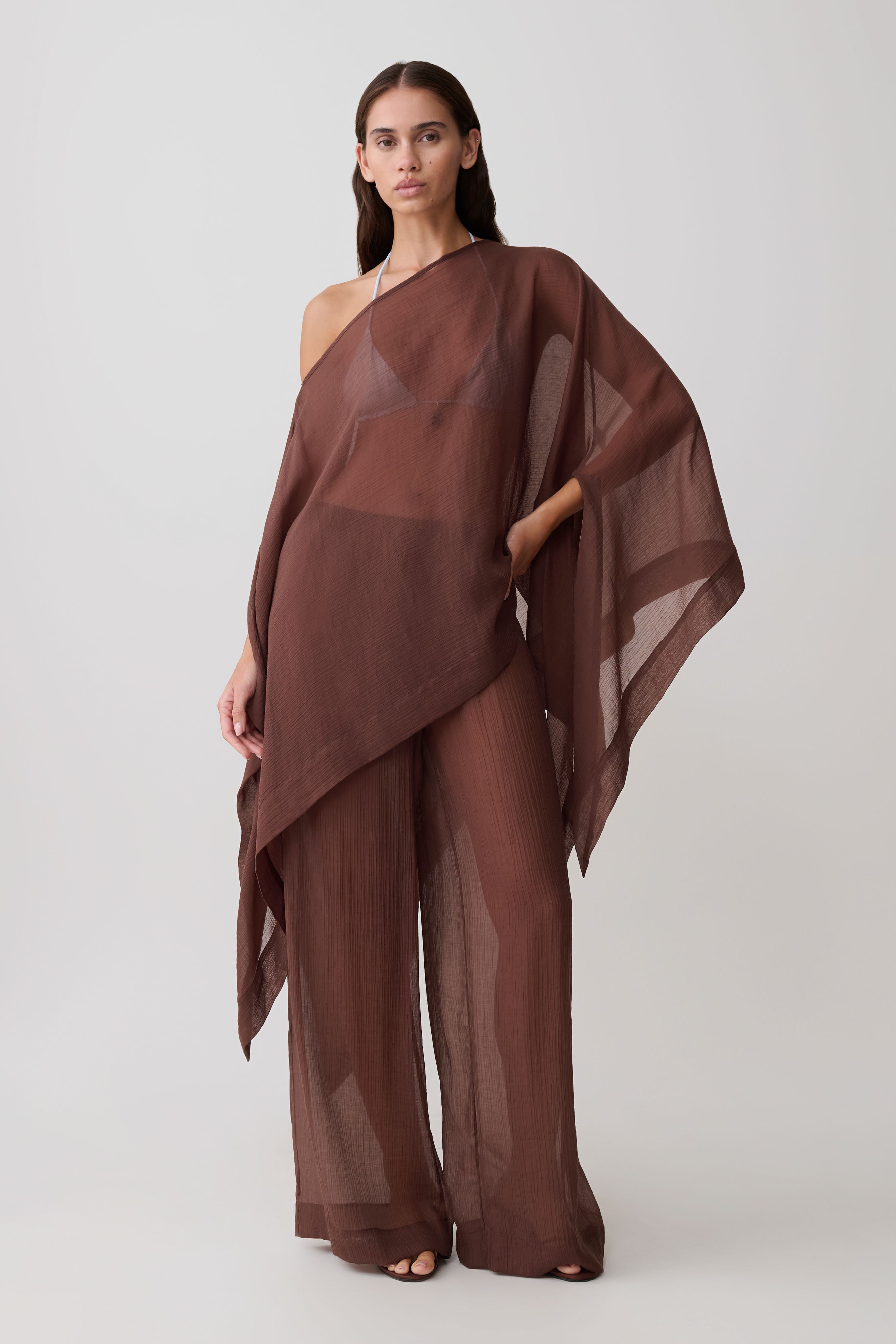 Leilani Sheer Draped Asymmetric Top - Chocolate | MESHKI US