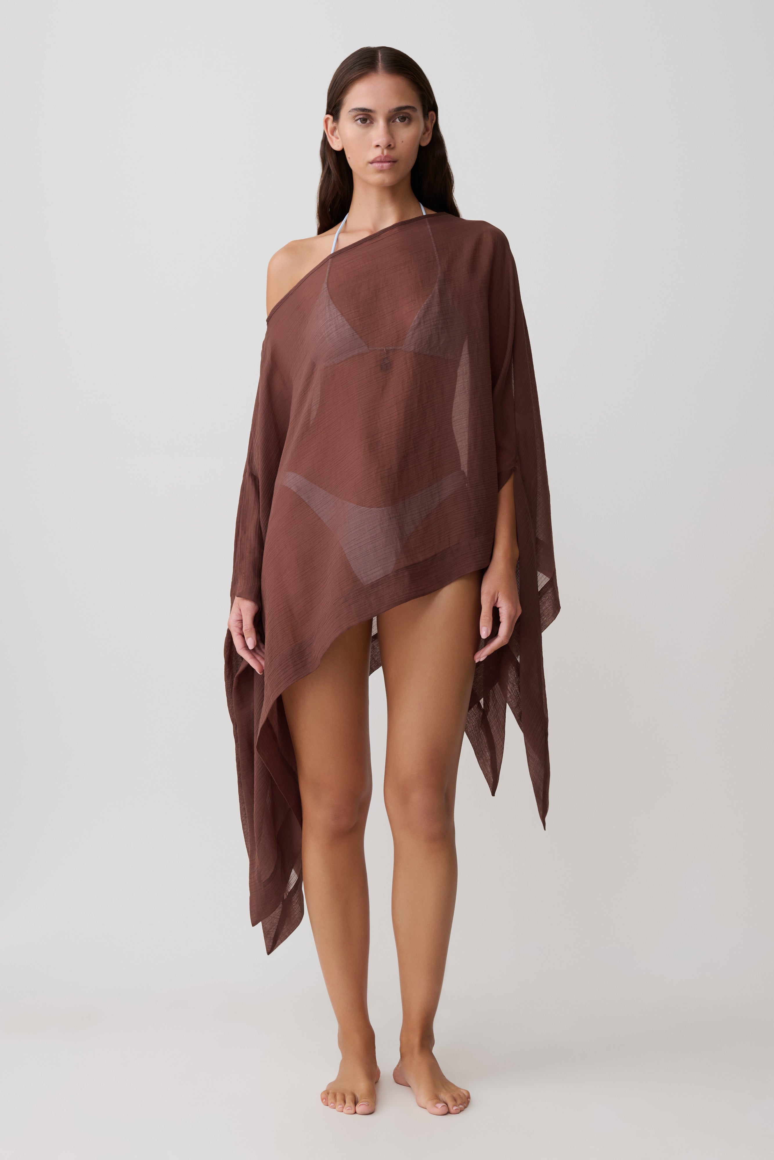 Leilani Sheer Draped Asymmetric Top - Chocolate | MESHKI US