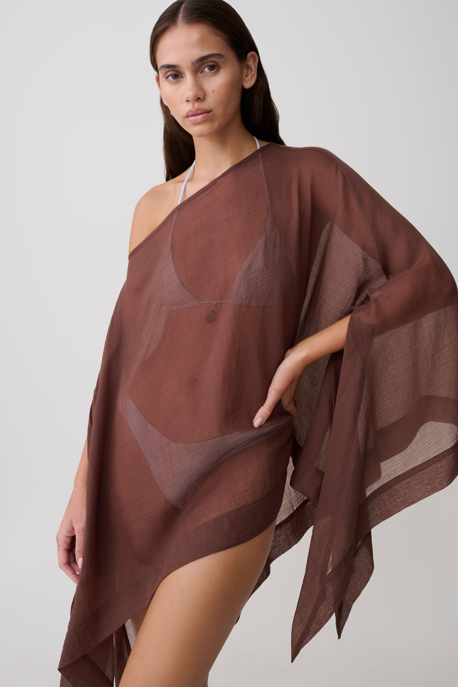 Leilani Sheer Draped Asymmetric Top - Chocolate #3