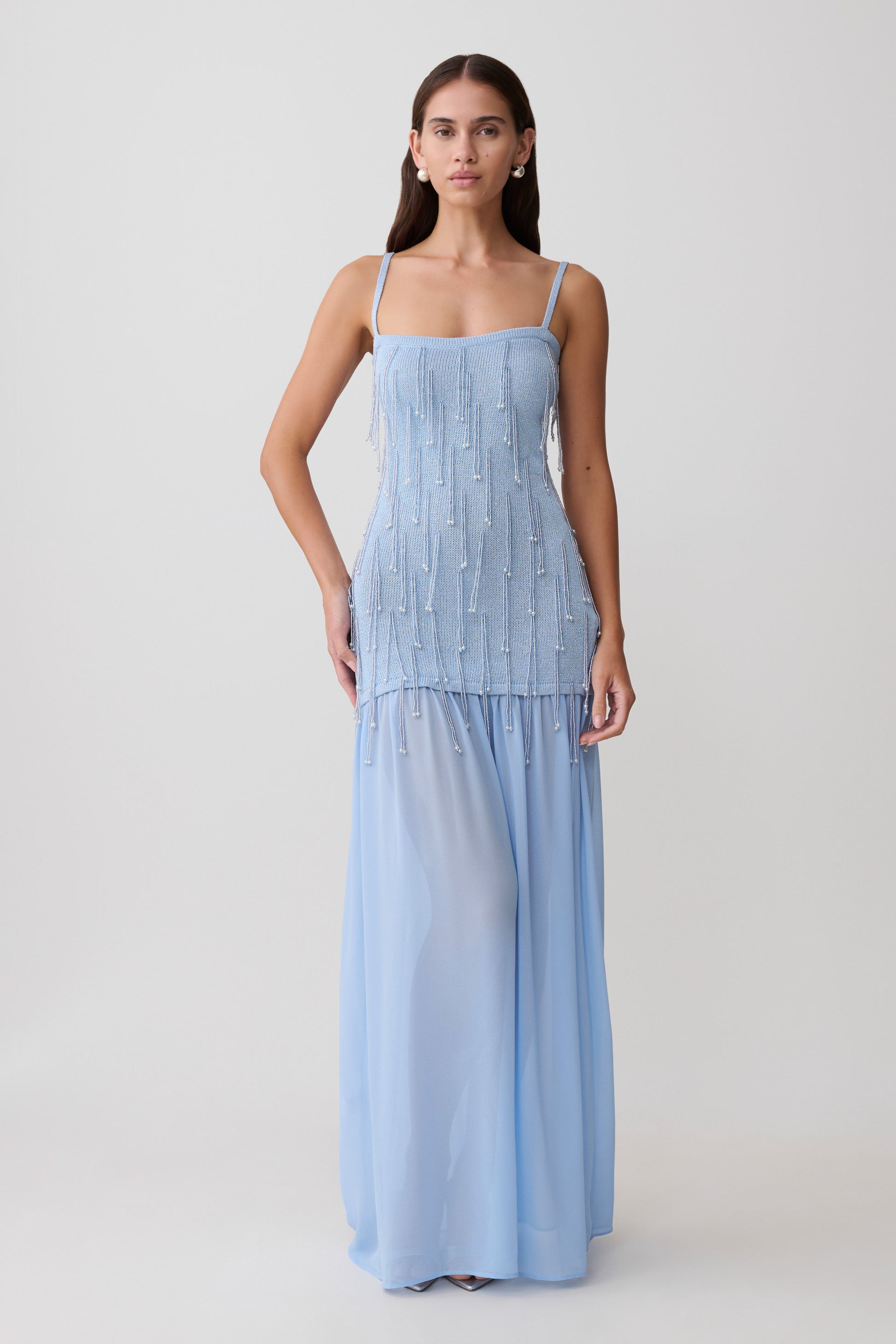 Belinda Beaded Knit & Chiffon Maxi Dress / Light Blue | MESHKI