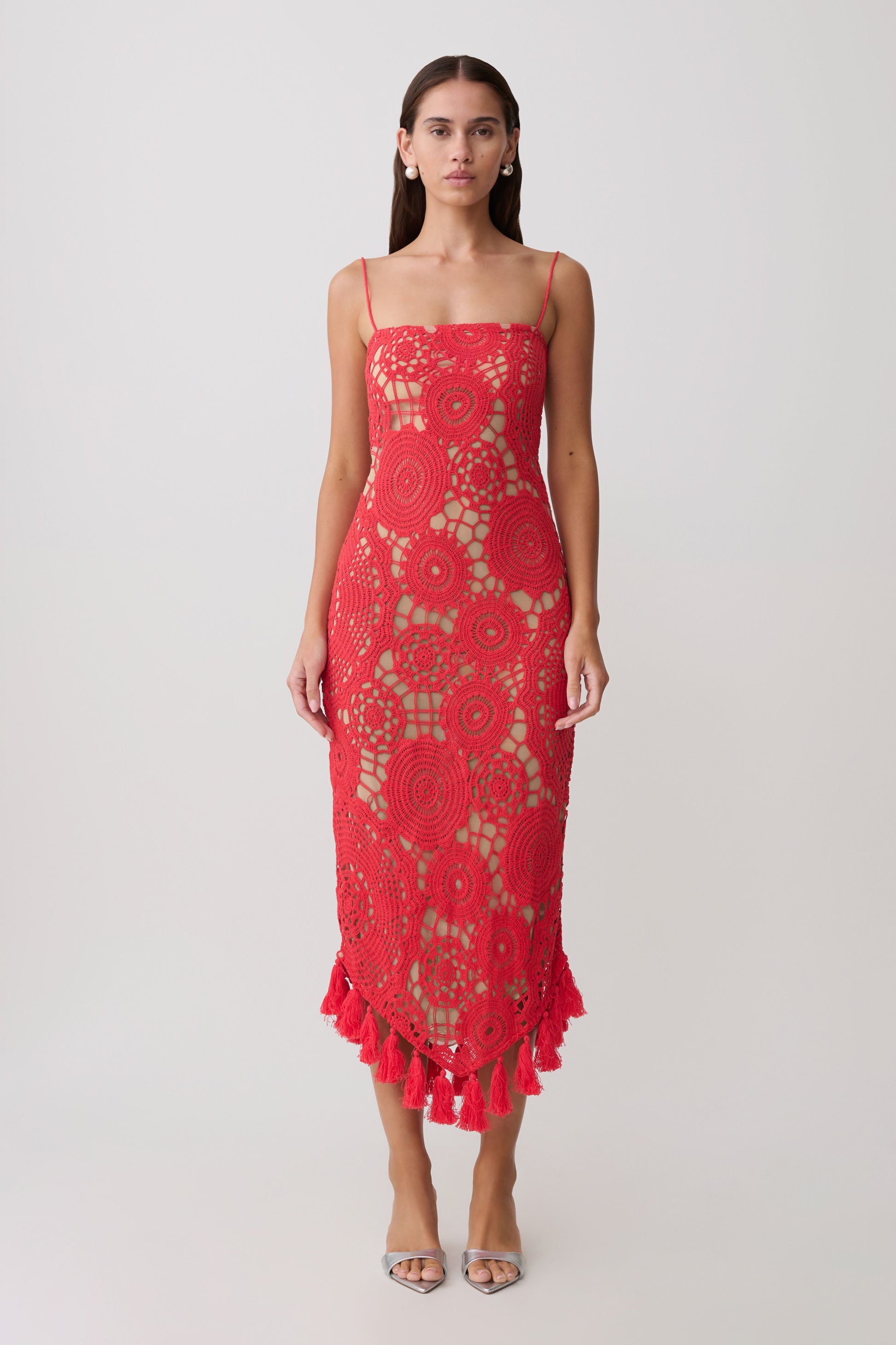Delta Crochet Halter Midi Dress / Red | MESHKI | S Delta Crochet Halter Midi Dress / Red | MESHKI | S