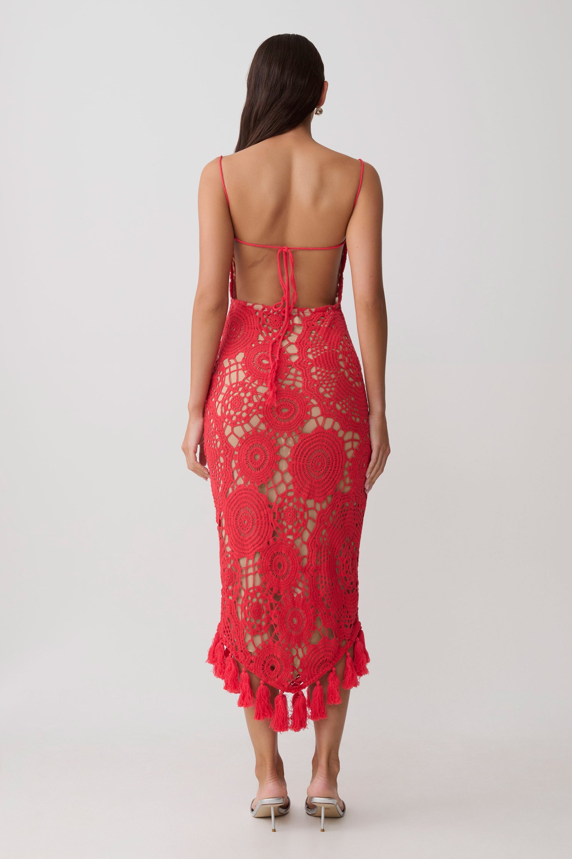 Delta Crochet Halter Midi Dress / Red | MESHKI | S Delta Crochet Halter Midi Dress / Red | MESHKI | S