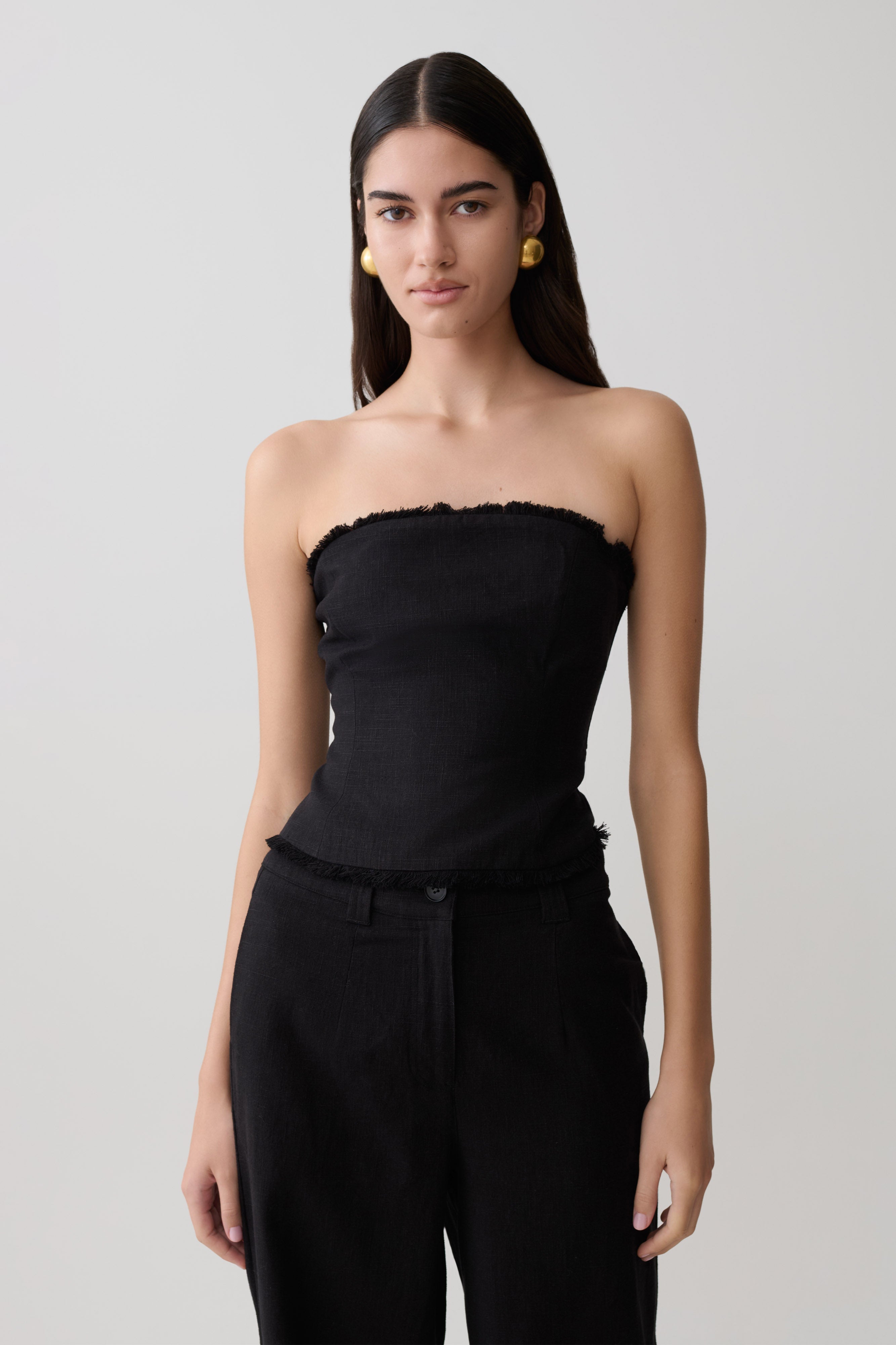 Annie Strapless Tie Back Linen Top - Black | MESHKI US