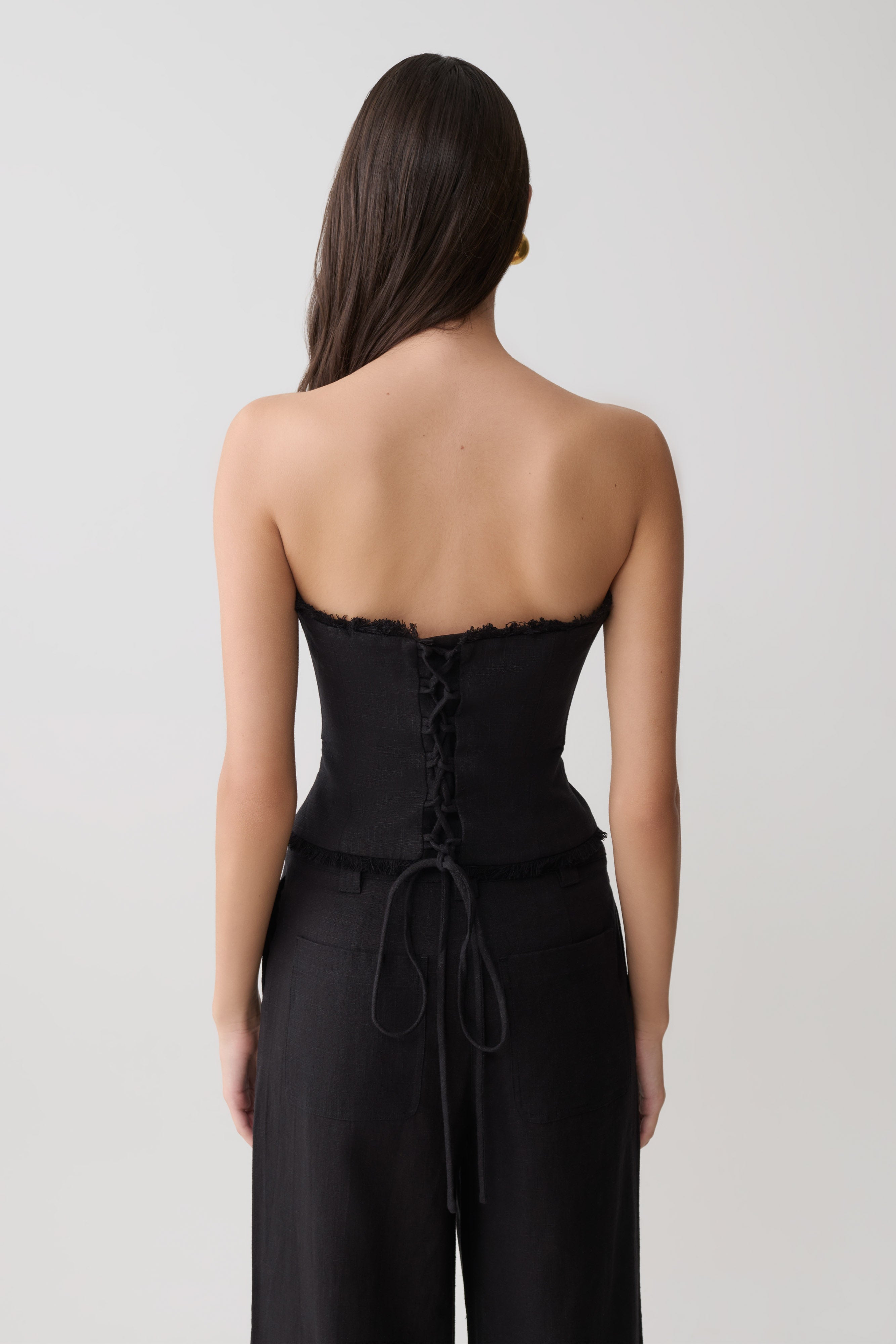 Annie Strapless Tie Back Linen Top - Black | MESHKI US