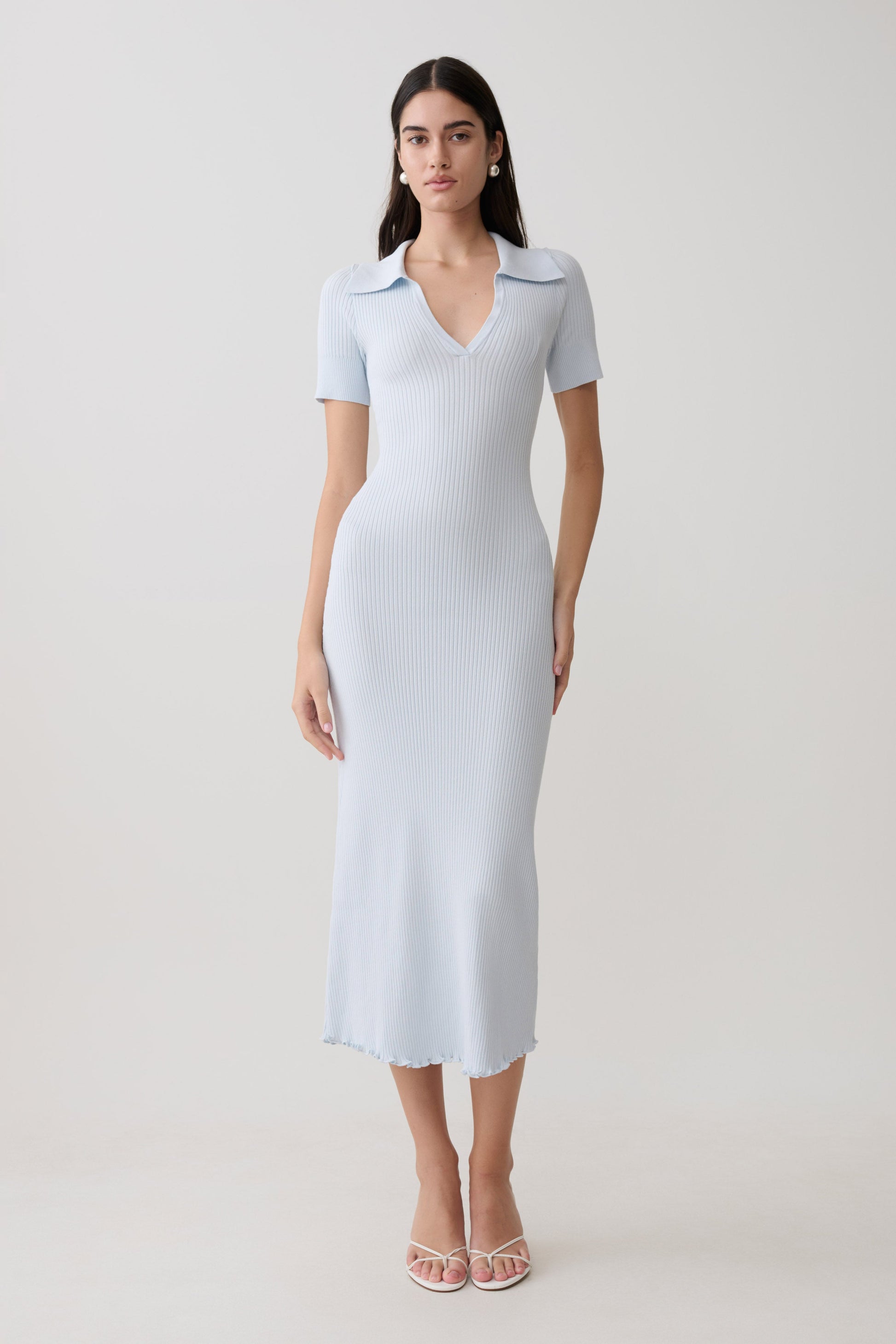 Nichelle Short Sleeve Collared Knit Midi Dress / Light Blue | MESHKI | M Nichelle Short Sleeve Collared Knit Midi Dress / Light Blue | MESHKI | M