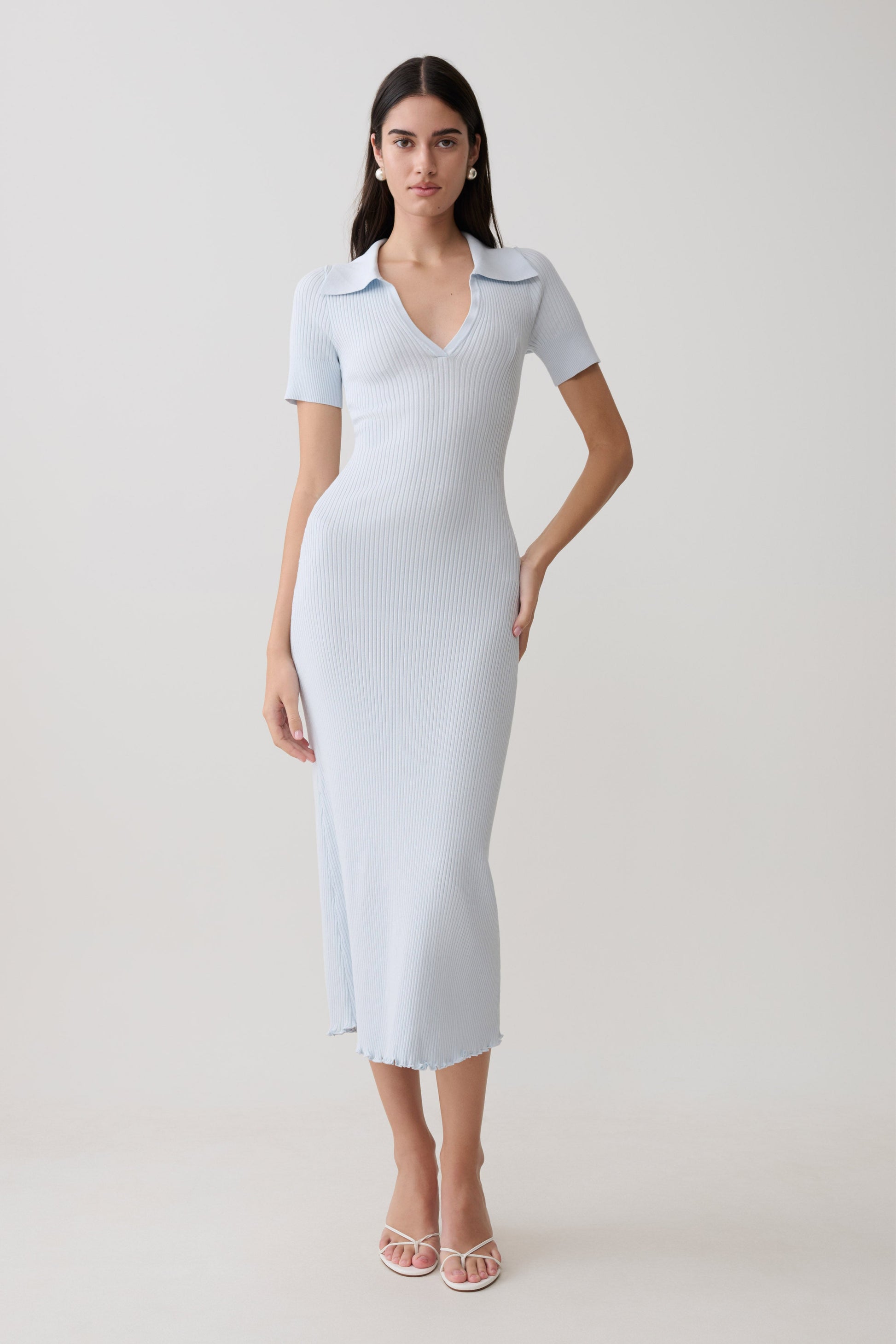 Nichelle Short Sleeve Collared Knit Midi Dress / Light Blue | MESHKI