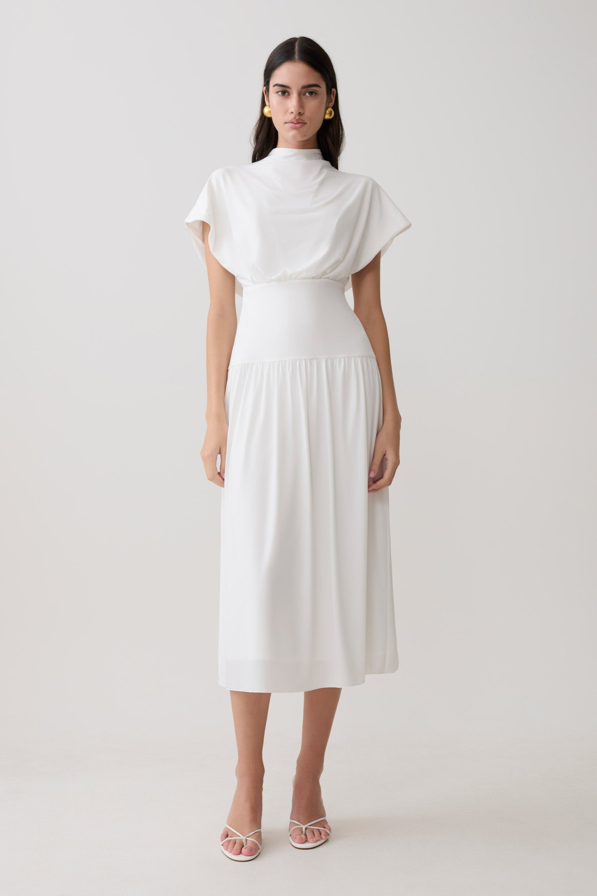 Ailla High Neck Cowl Midi Dress / White | MESHKI Ailla High Neck Cowl Midi Dress / White | MESHKI