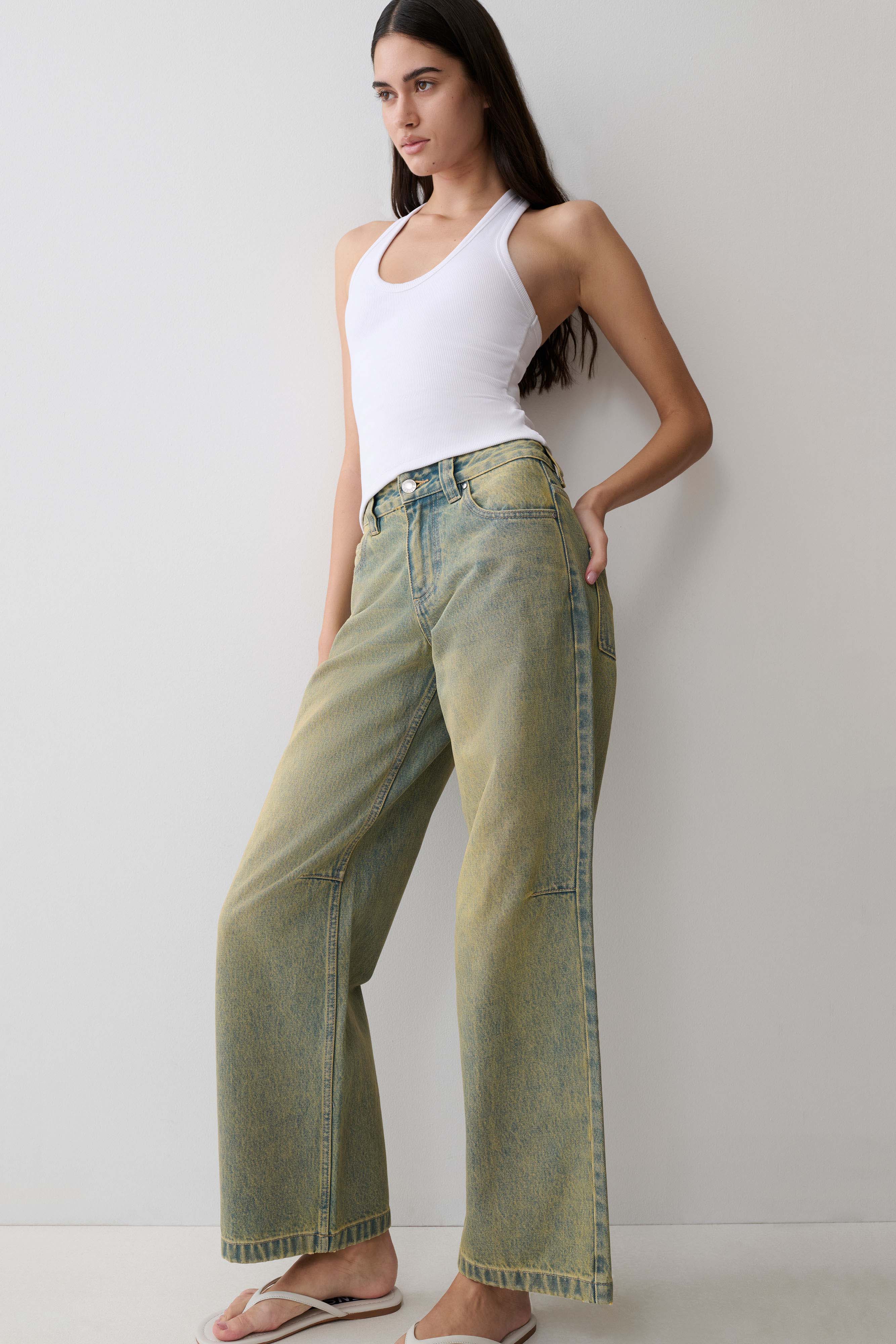 Joey Mid Rise Wide Leg Jeans - Green Wash | MESHKI US